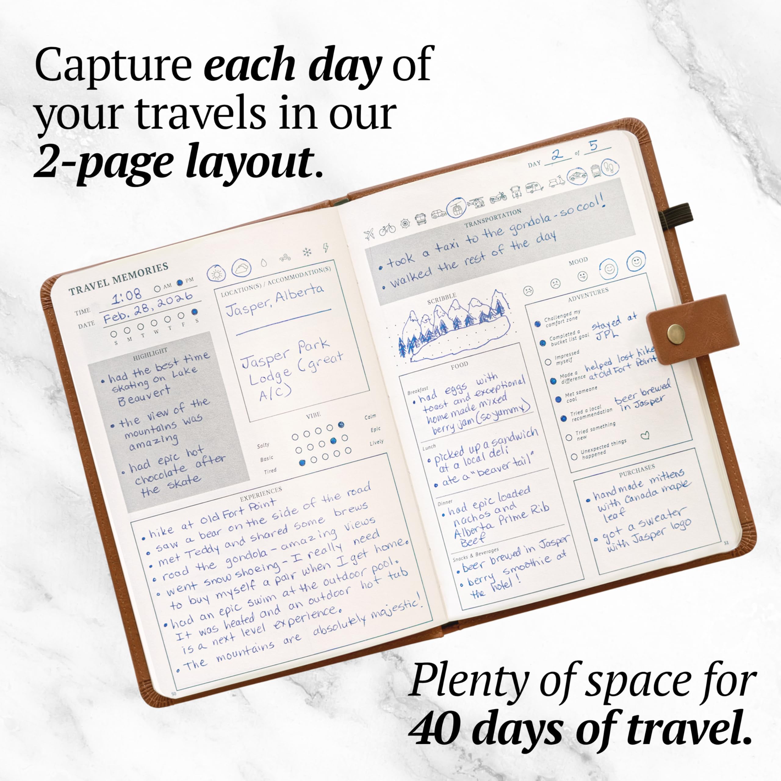 Jamsify Studios Travel Journal with Prompts (Hardcover) 2nd Edition - Vegan Leather Adventure Essential - 2-Page-A-Day Travel Journal (40 Days) for Women Men Nonbinary - A5 Daily Diary & Traveler Notebook - Gift - Present