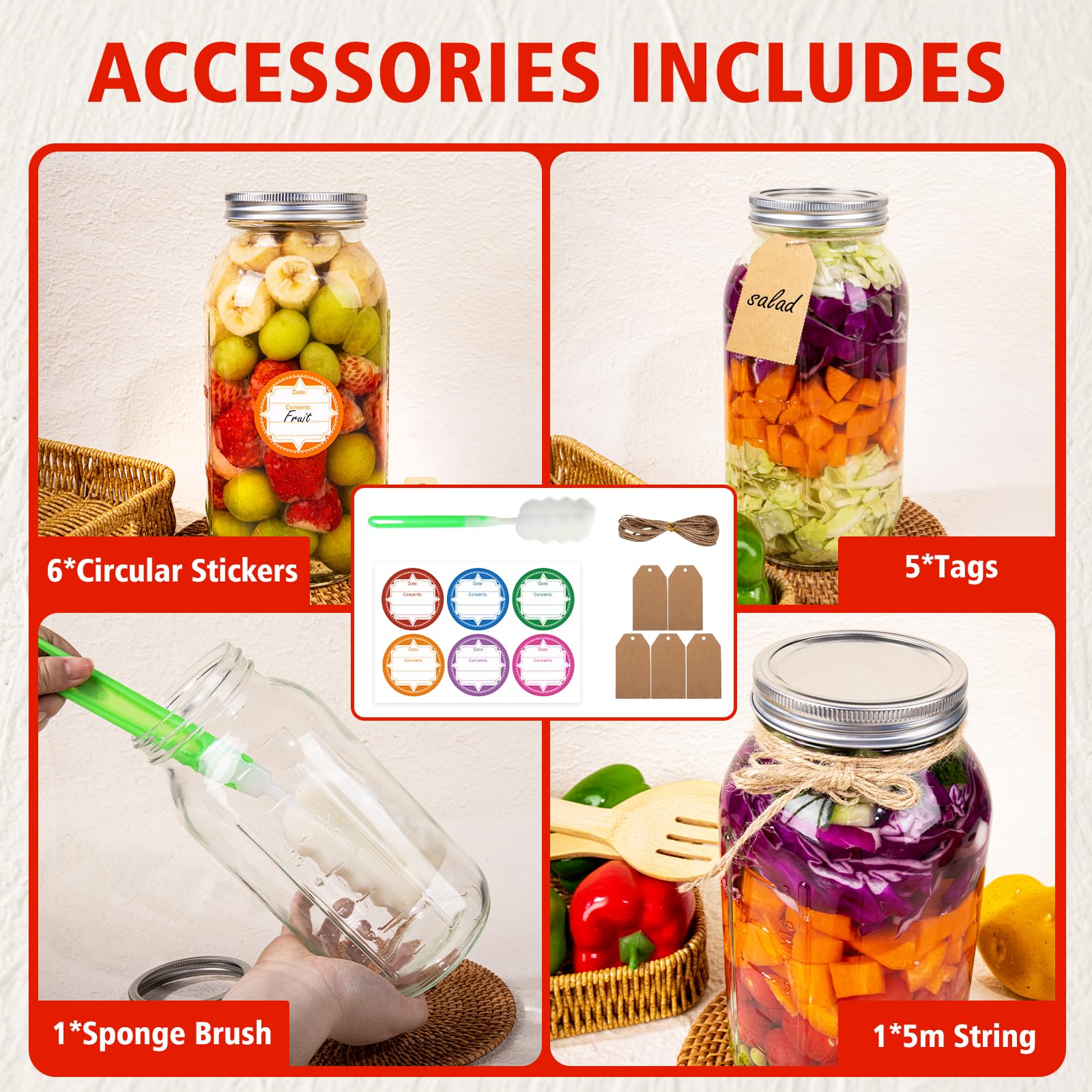 UrSpeedtekLive 64 oz Wide Mouth Mason Jars with Lids and Bands, 3 Pack Half Gallon Canning Jars, Large Glass Jars for Pickling, Preserving, Meal Prep