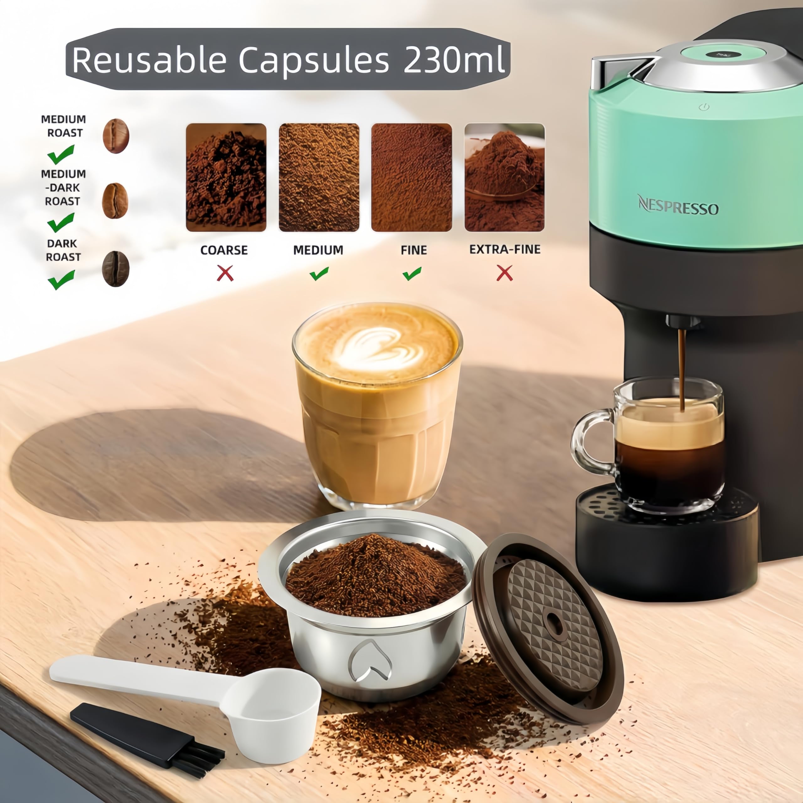 Reusable Coffee Pods for Nespresso Vertuo Machine (Compatible with Vertuo Next/Pop), 230ml Stainless Steel Refillable Coffee Capsule Set - Nespresso Accessories for Home & Office