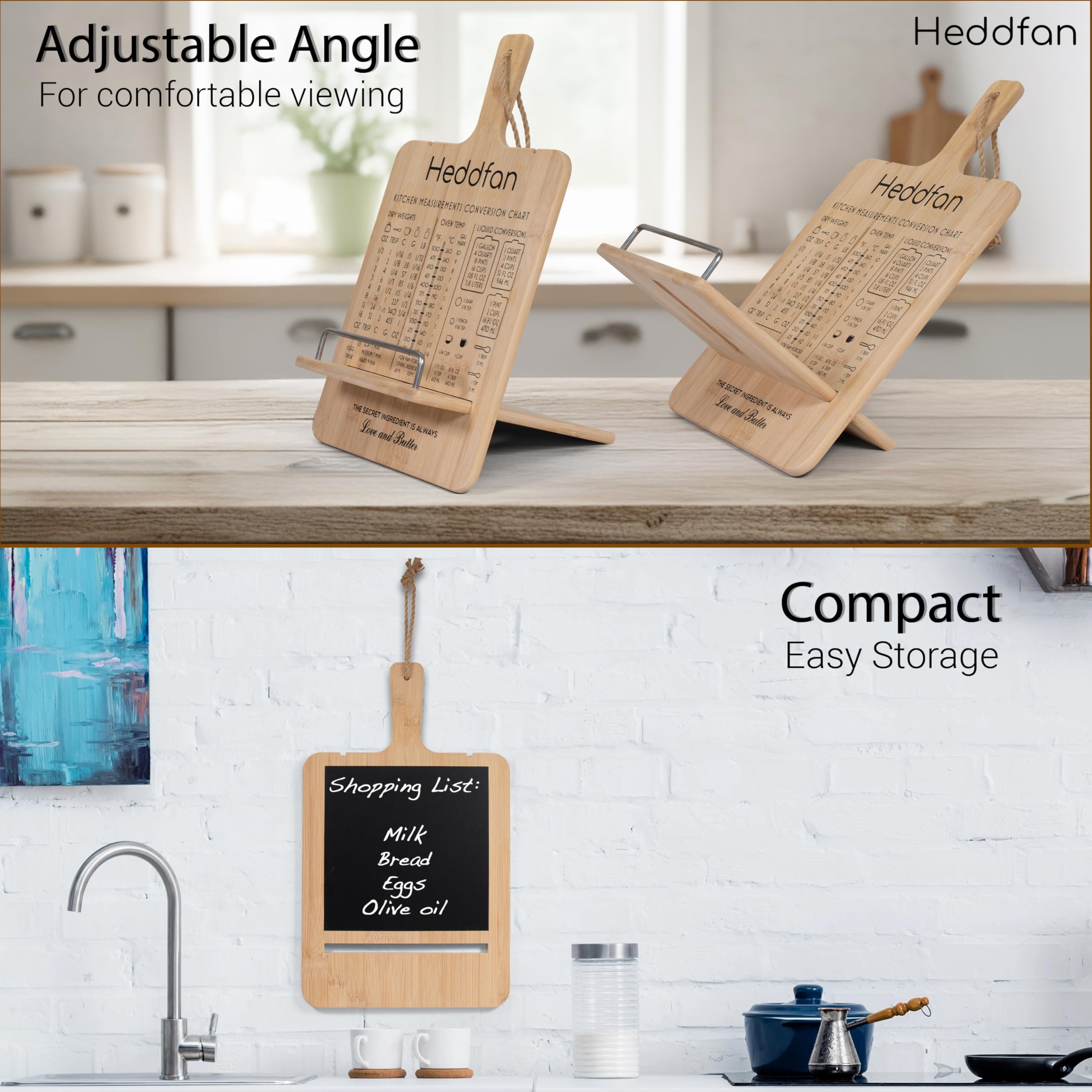 Adjustable Cookbook Stand with Conversion Chart & Built in Blackboard – Bamboo Recipe Book Holder for Kitchen Counter, Great for All Books, Phones, Tablets, & iPads