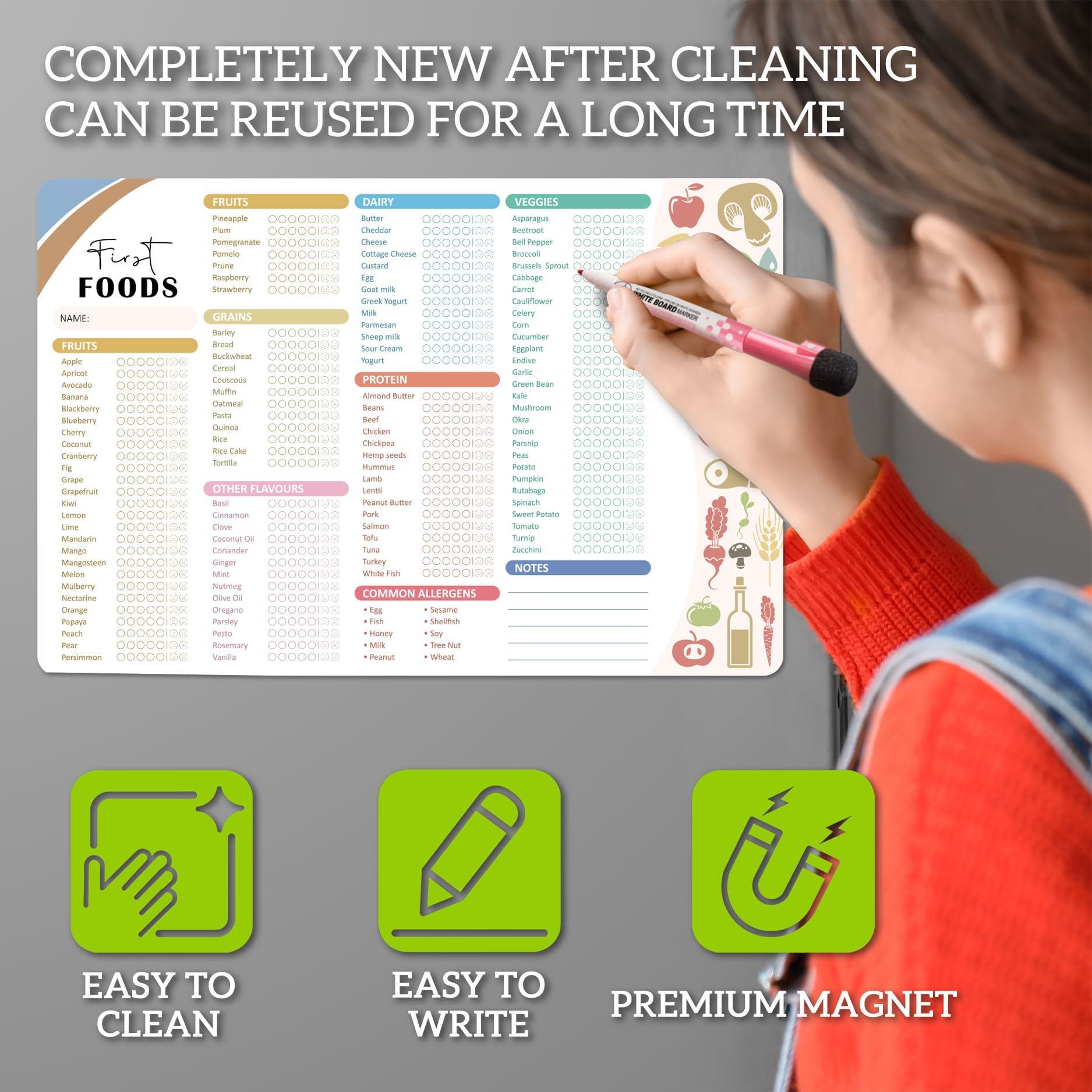 BIROYAL Baby First Foods Tracker Fridge Magnet, Led Weaning Supplies, 12"x8" Dry Erase Daily Food Log, 101 Foods Checklist Before One, Baby Feeding Essentials