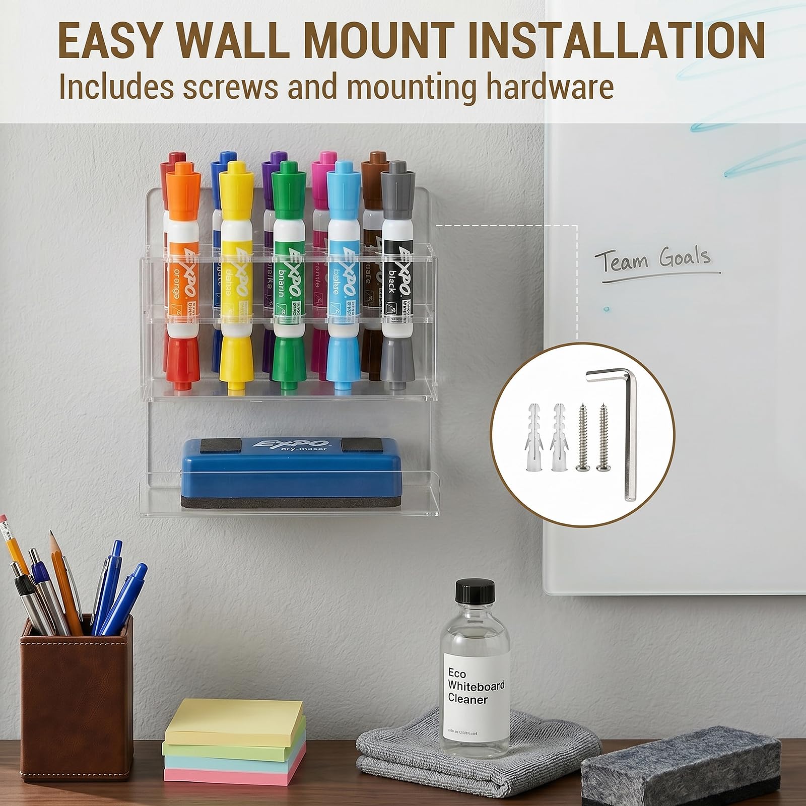 MyGift Wall-Mounted 2-Tier Clear Acrylic 10-Slot Dry Erase Whiteboard Marker and Eraser Holder Stand