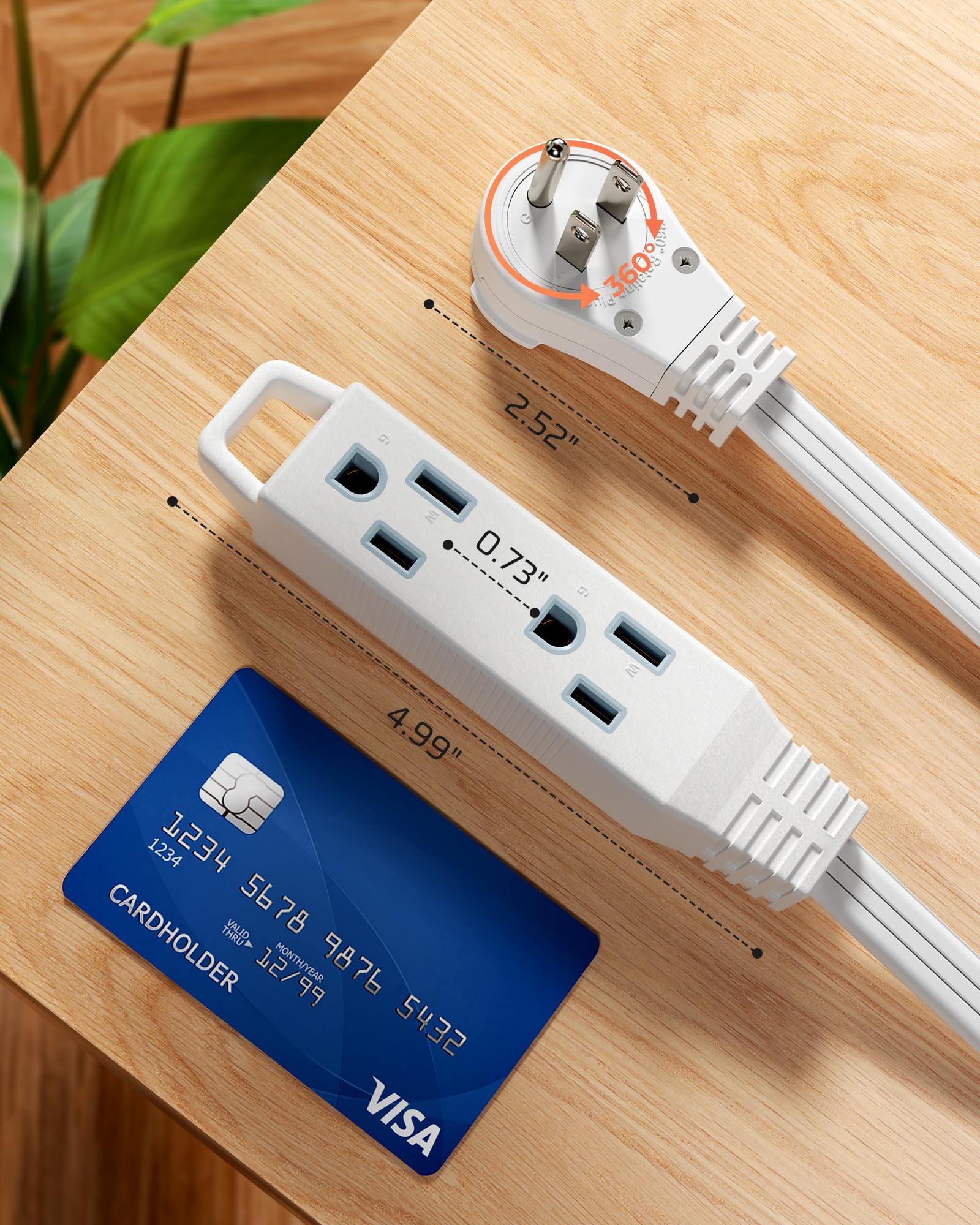 DEWENWILS 6FT Flat Plug Extension Cord, 3 Prong Ultra Thin Power Strip, 360° Rotating Plug, 13A/125V/1625W, 16 Awg Grounded Flat Power Cable for Indoor Space, Christmas, SPT-3, ETL Listed, White