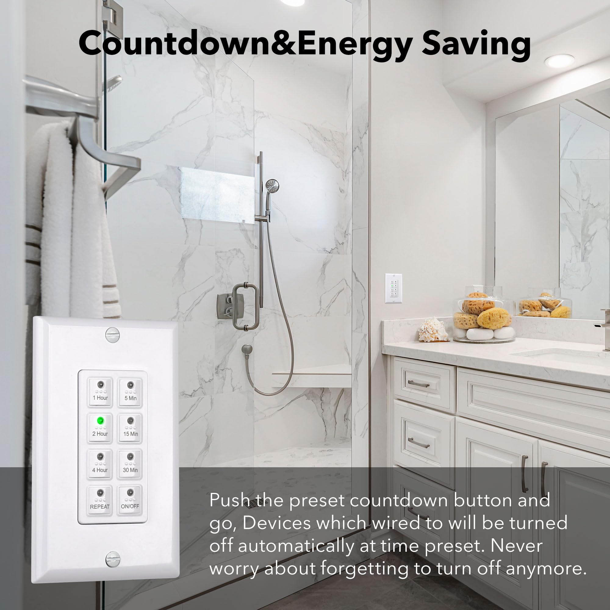 BN-LINK Countdown Digital Wall Timer Switch for Exhaust Fan with Push Button 5-15-30-60mins, 2-4hours, Bathroom Fan Light Switch Timer Indoor, Neutral Required, Wall Plate Included, White