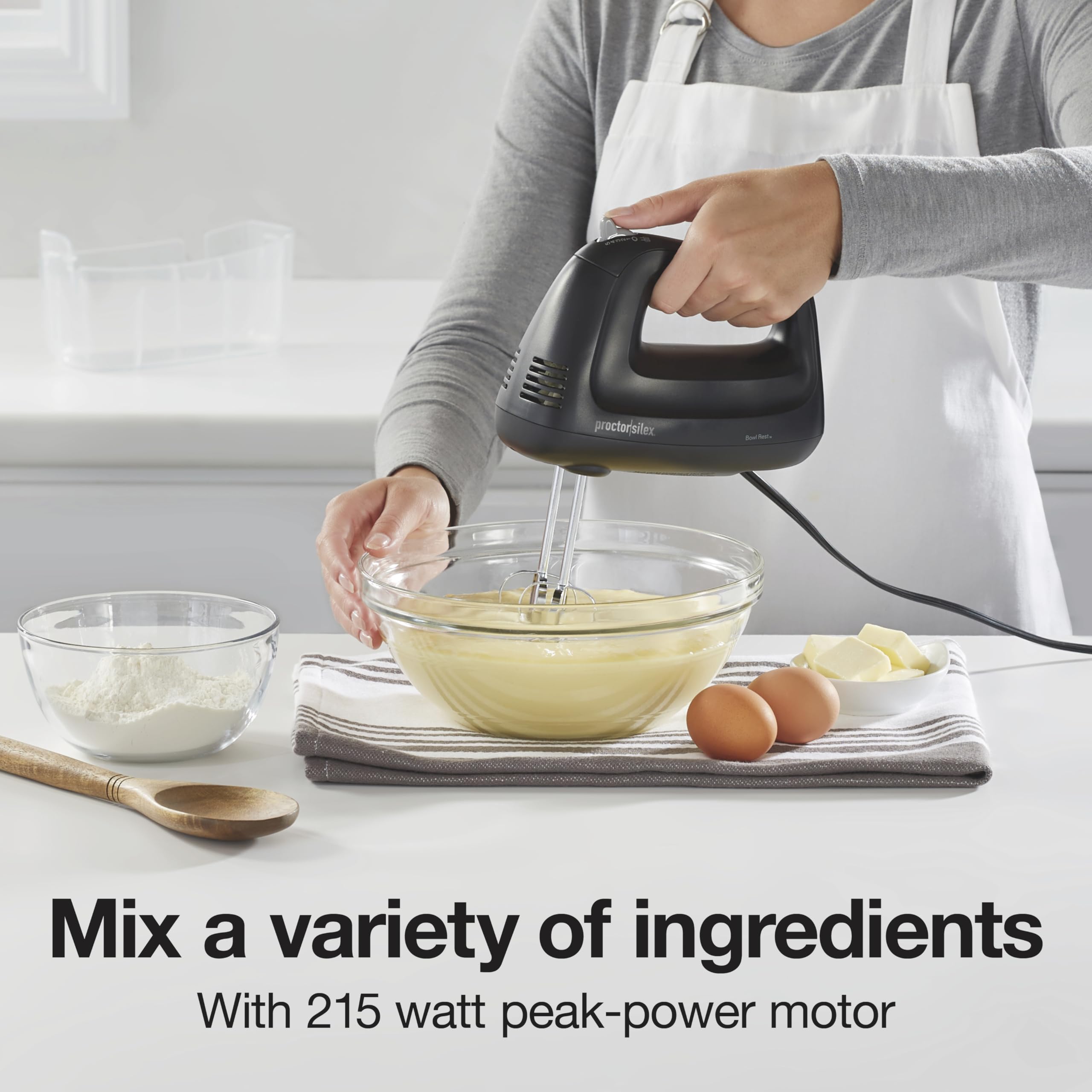 Proctor Silex 5-Speed Electric Hand Mixer for Baking, 100W, Snap-On Storage Case, Lightweight with 2 Beaters, Matte Black (62512)