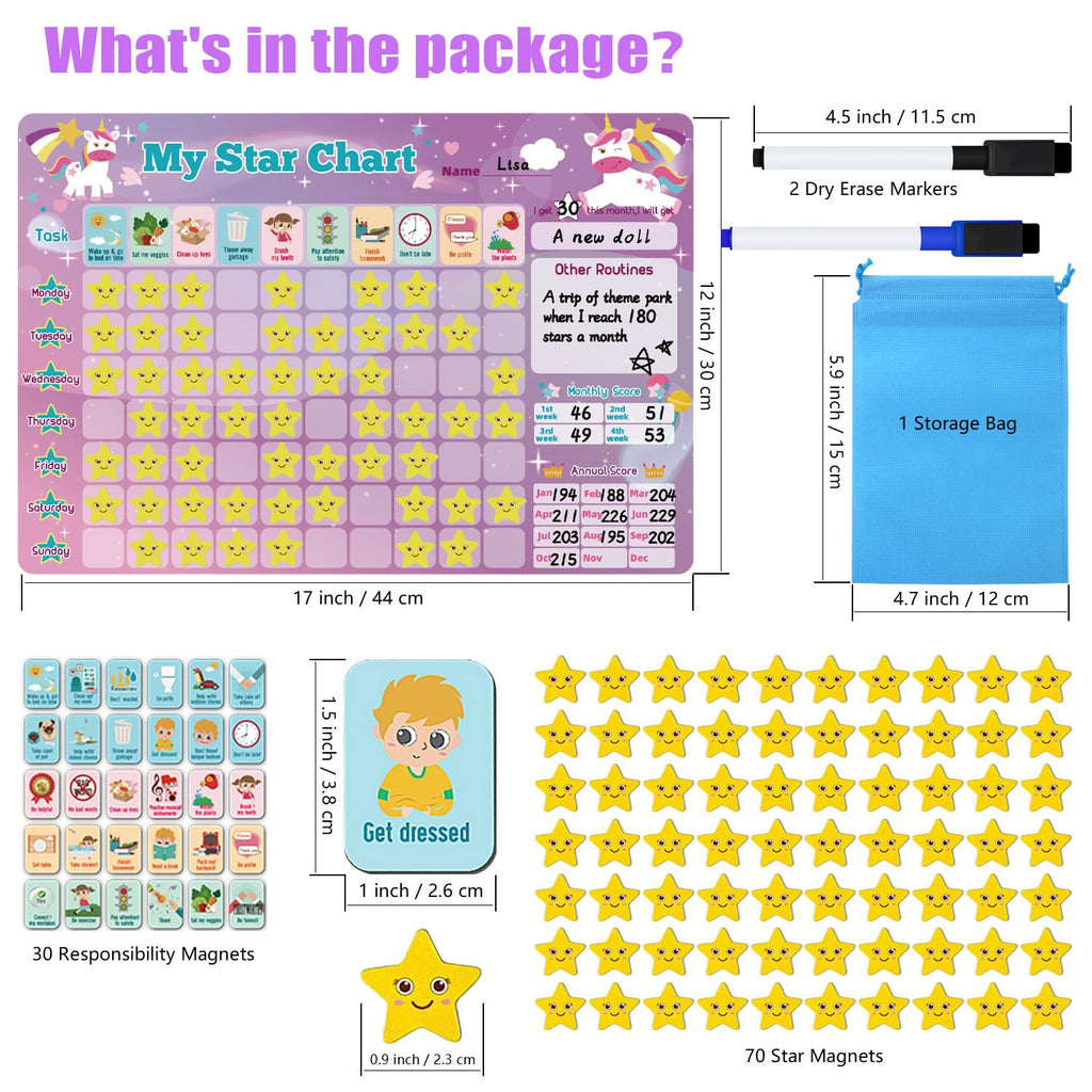 Magnetic Behavior/Star/Reward Chore Chart, Responsibility Chart Board with Full Magnet Backing for Fridge 17.3 * 11.8inch (Pink)