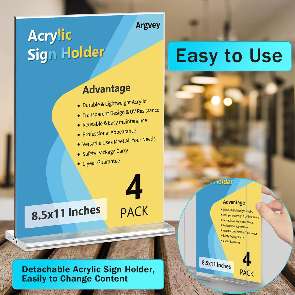 4-Pack Acrylic Sign Holder, 8.5 x 11 Inch Vertical T Shape Table Display Stand, Double-Sided Clear Plastic Sign Holders for Paper, Menu, and Flyer, Ideal for Home, Office, Restaurants, and Stores