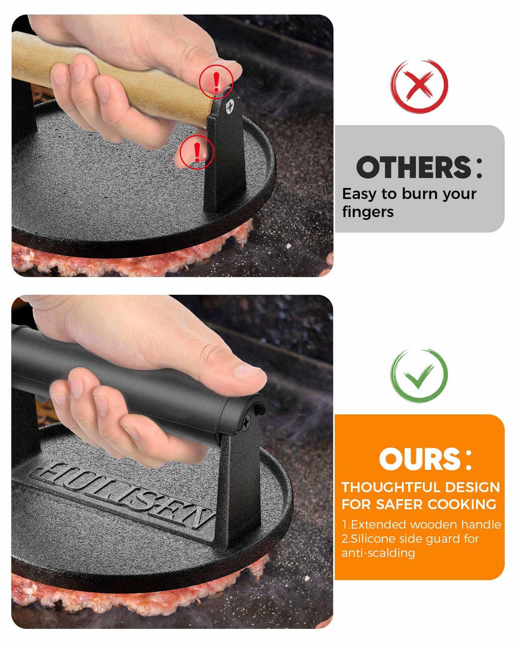 HULISEN Pre-Seasoned Cast Iron Burger Press, Heavy Duty 6” Burger Smasher for Griddle with Heat Resistant Handle, Grill Press for Hamburger, Bacon, Meat, Steak, Patty, Barbecue Grilling Tool
