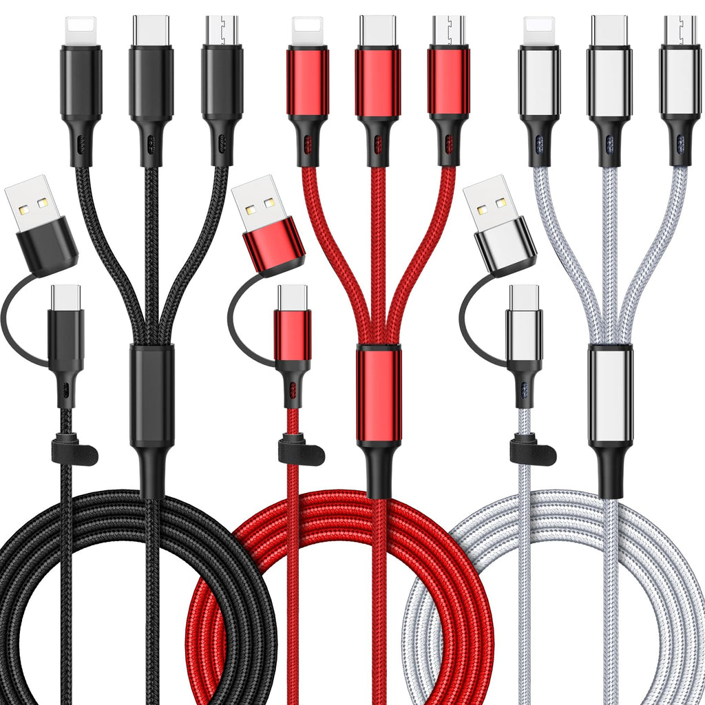 6 in 1 Multi Charging Cable [3Pack 4FT] Nylon Braided Multi Fast Charging Cord USB A/C to Phone USB C/Micro USB/i-P Connector Universal Multiple Phone Charger