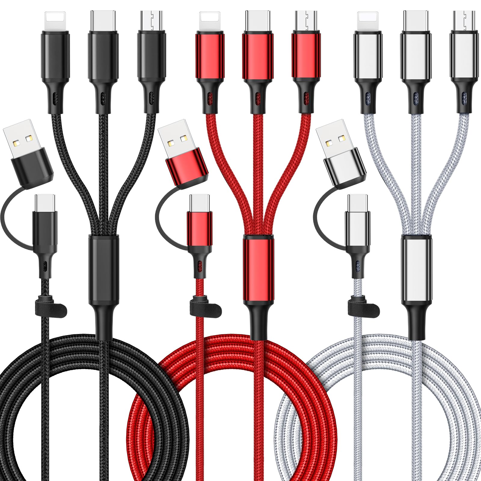 6 in 1 Multi Charging Cable [3Pack 4FT] Nylon Braided Multi Fast Charging Cord USB A/C to Phone USB C/Micro USB/i-P Connector Universal Multiple Phone Charger
