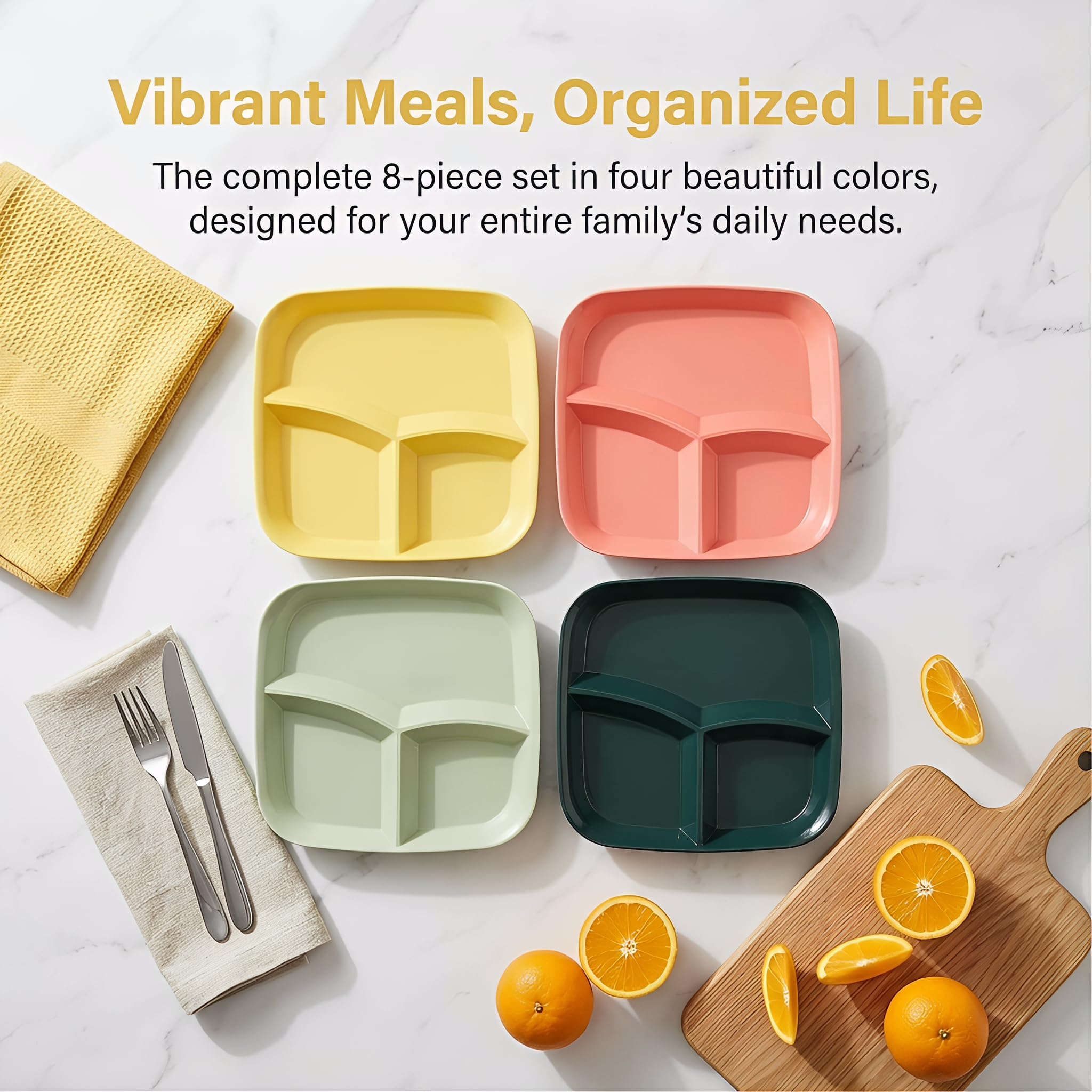 Nicunom 8 Pack Unbreakable Divided Plates, 10 Inch Portion Control Plates, Reusable 3-Compartment Dinner Plate for for Healthy Eating & Bariatric Diet, Microwave and Dishwasher Safe