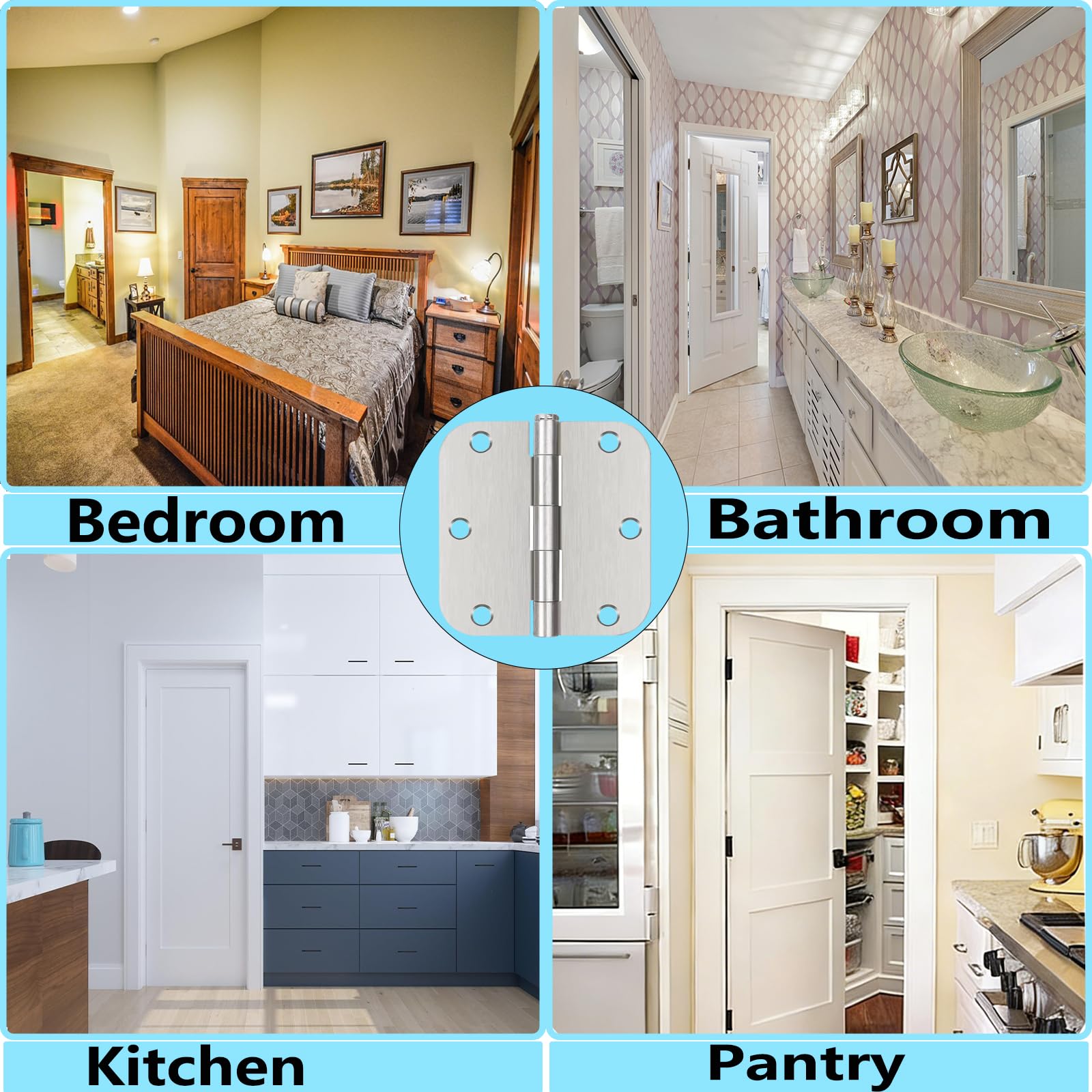 Brushed Nickle Door Hinges,6 Pack Exterior Hinges Doors,3x3 Inch Silver Hinge for Interior Doors 5/8" Rounded Radius Corners Durable Steel Hinge Door Hardware