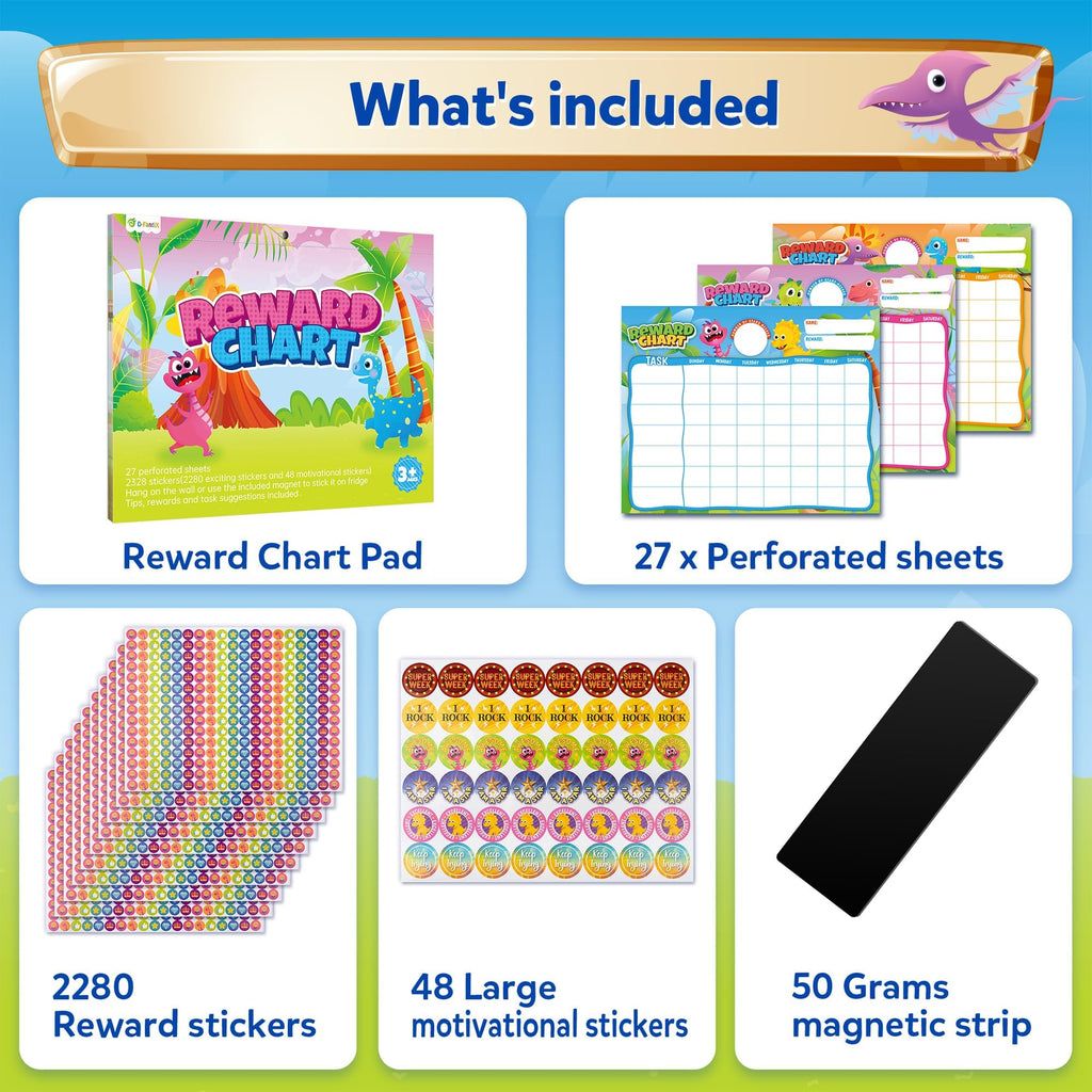 D-FantiX Behavior Reward Chart System - Pad with 27 Chore Chart for Multiple Kids, Reward Sticker Charts to Motivate Responsibility and Good Behavior, 2280 Reward Stickers & 48 Incentive Stickers