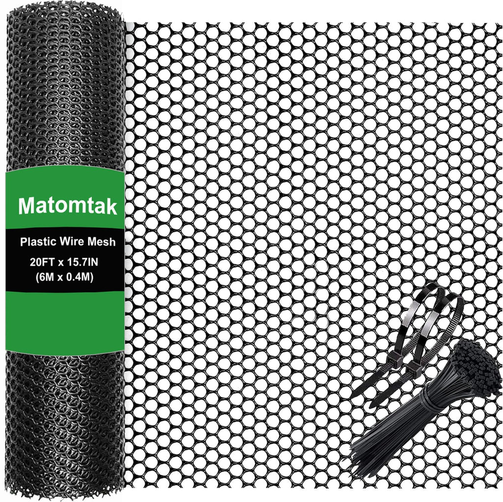 Matomtak Heavy Duty Rigid Plastic Wire Mesh Fence 15.7in x 20ft Large Roll Black Hexagonal Chicken Wire Netting with 100 Pcs Ties, Durable Poultry Floral Netting for Gardening, Construction Barrier