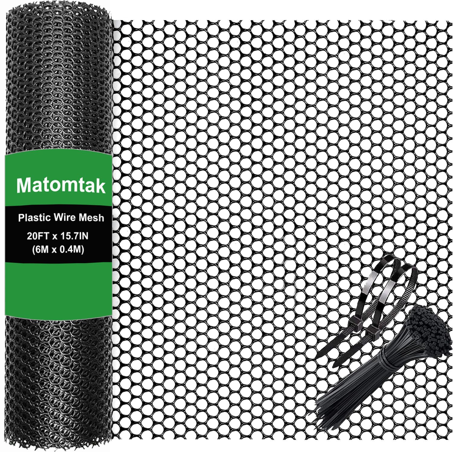 Matomtak Heavy Duty Rigid Plastic Wire Mesh Fence 15.7in x 20ft Large Roll Black Hexagonal Chicken Wire Netting with 100 Pcs Ties, Durable Poultry Floral Netting for Gardening, Construction Barrier