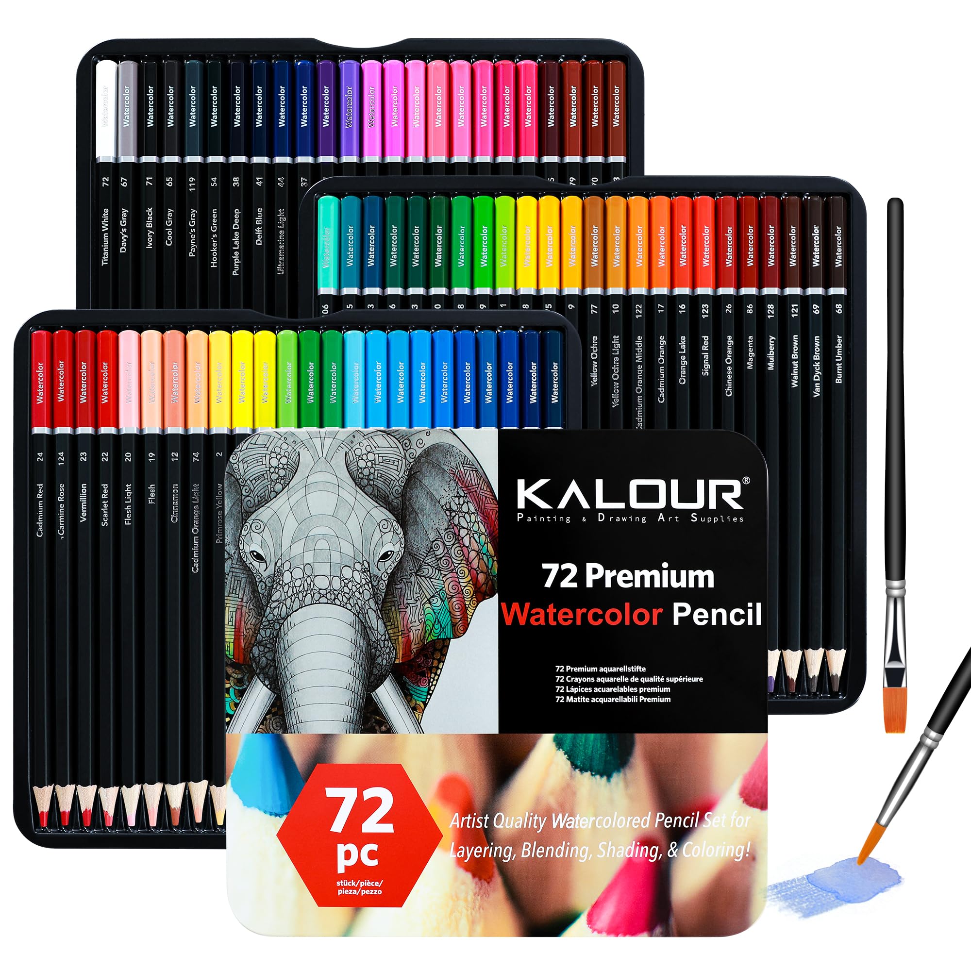 KALOUR Watercolor Pencil Crayons- Professional Set of 72 - Beautiful Blending Effects with Wet or Dry - Ideal for Coloring Book - Water Soluble Pencils for Adults Artists Beginners