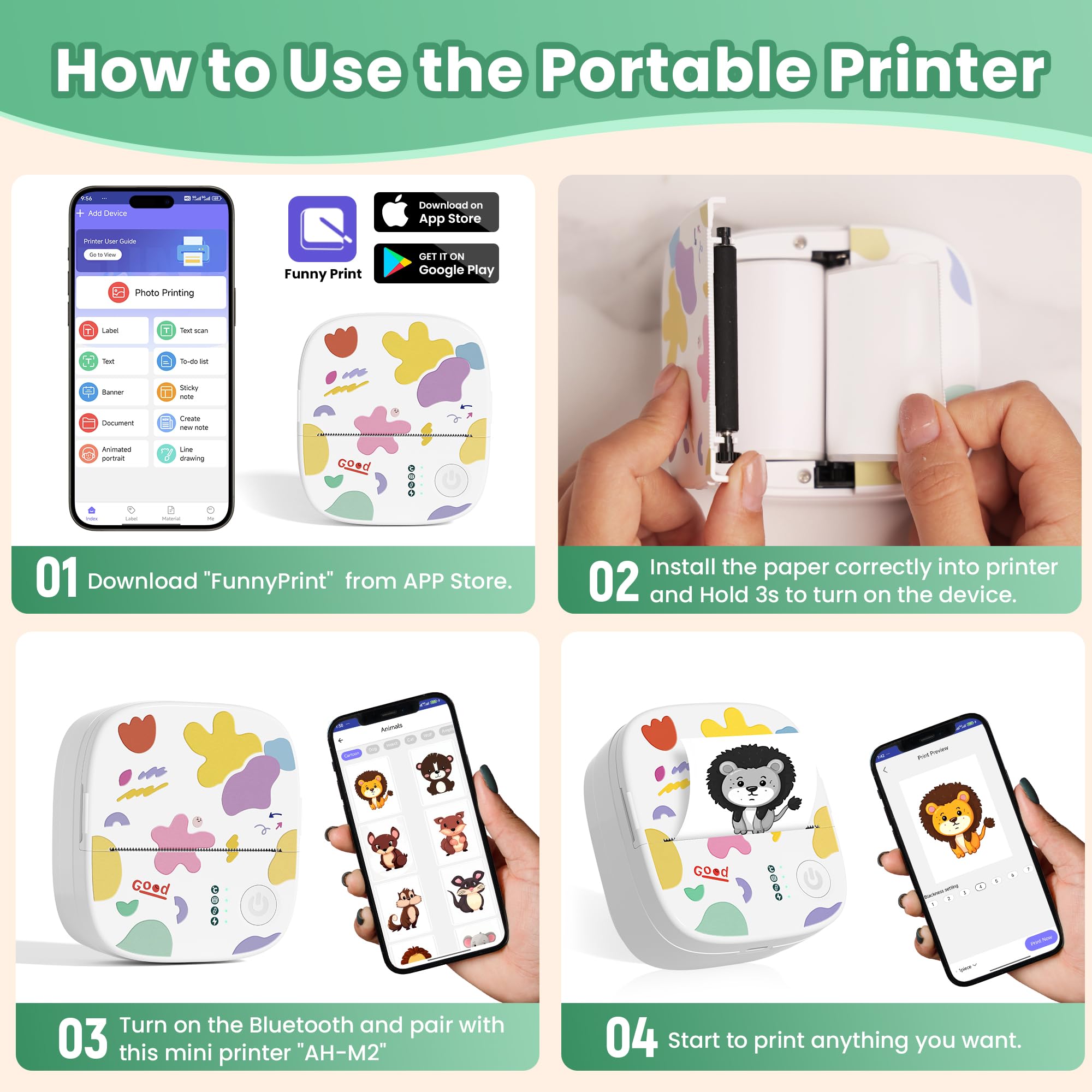 Mini Sticker Printer, Mini Thermal Printer with 4 Rolls Paper, Bluetooth Inkless Printpods, Pocket Label Maker Suitable for Creative Kids DIY, Diaries, Study Notes, Photos