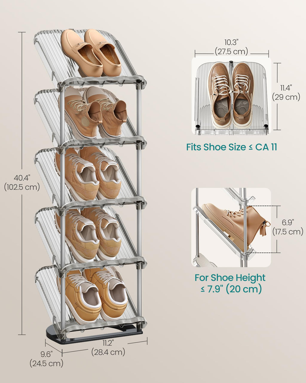 SONGMICS 5-Tier Slim Sloping Shoe Rack, Plastic Shoe Organiser, 24.5 x 28.4 x 102.5 cm, Customizable, Easy Assembly, Space Saving, for Small Spaces, Hallway, Closet, Gray ULPC049GZ01
