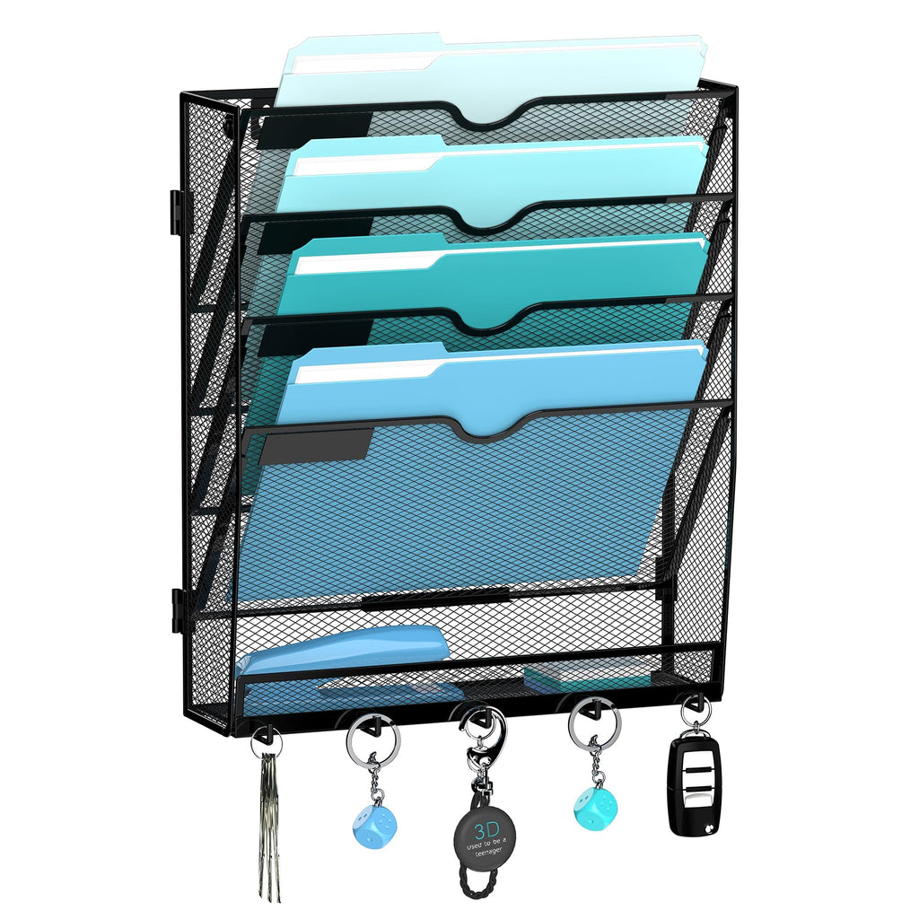 5-Tier Hanging Wall File Organizer with 5 Hooks, File Holder with Labels, Vertical Wall Mount Mail Organizer for Papers, Folders, Magazines, Office Organization, Assembly Needed, Black