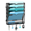 5-Tier Hanging Wall File Organizer with 5 Hooks, File Holder with Labels, Vertical Wall Mount Mail Organizer for Papers, Folders, Magazines, Office Organization, Assembly Needed, Black