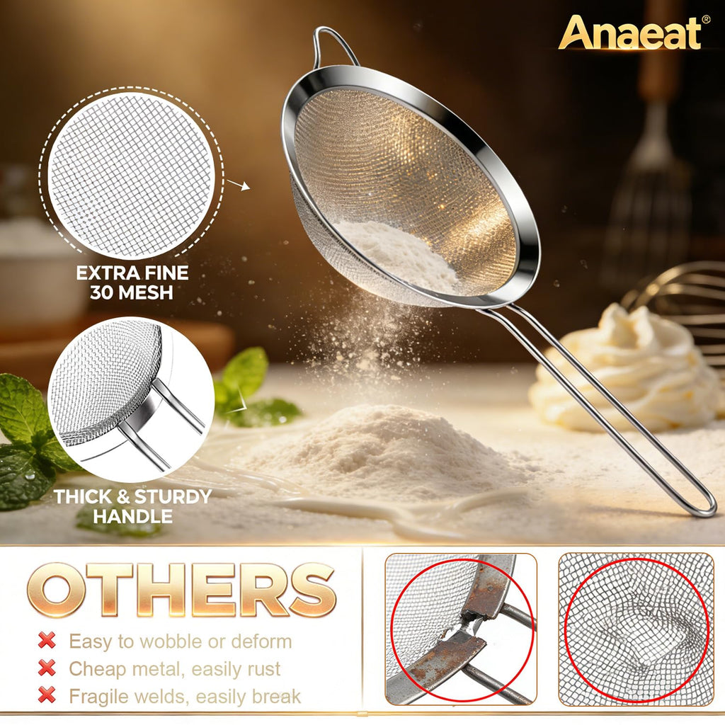 Anaeat Fine Mesh Strainers - Premium Stainless Steel Colander Sieve Sifters, with Durable Mesh and Sturdy Handle, Great for Sifting Dry Ingredients, Flour, Pastas, Rice, Food, Tea (3.15"+5.5"+7.87")