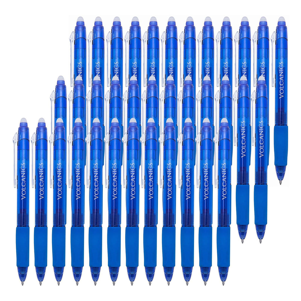 Volcanics Retractable Clicker Erasable Gel Pens - 0.7mm Ball Point, Heat Erase with Built-in Eraser, 36 Pack Blue