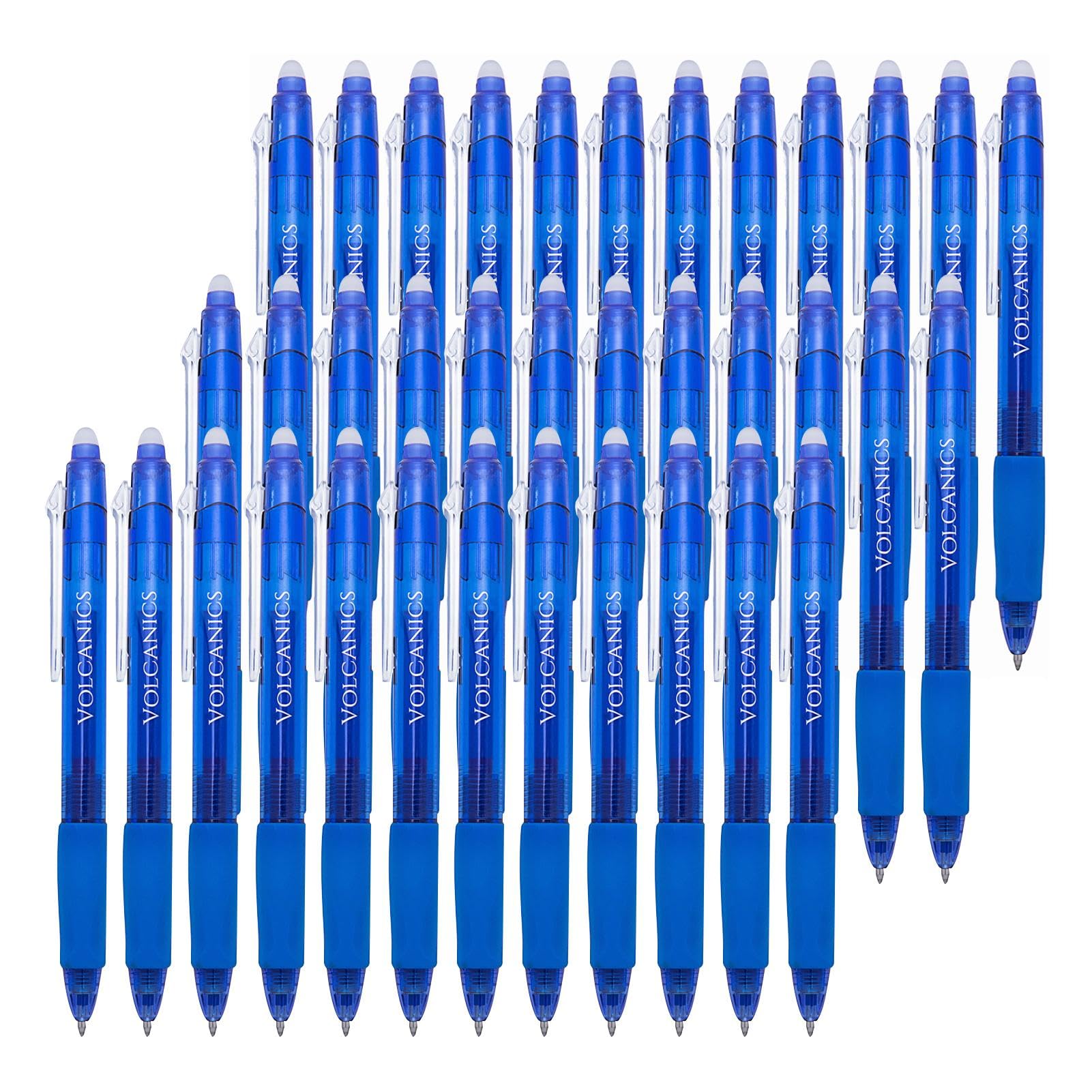 Volcanics Retractable Clicker Erasable Gel Pens - 0.7mm Ball Point, Heat Erase with Built-in Eraser, 36 Pack Blue
