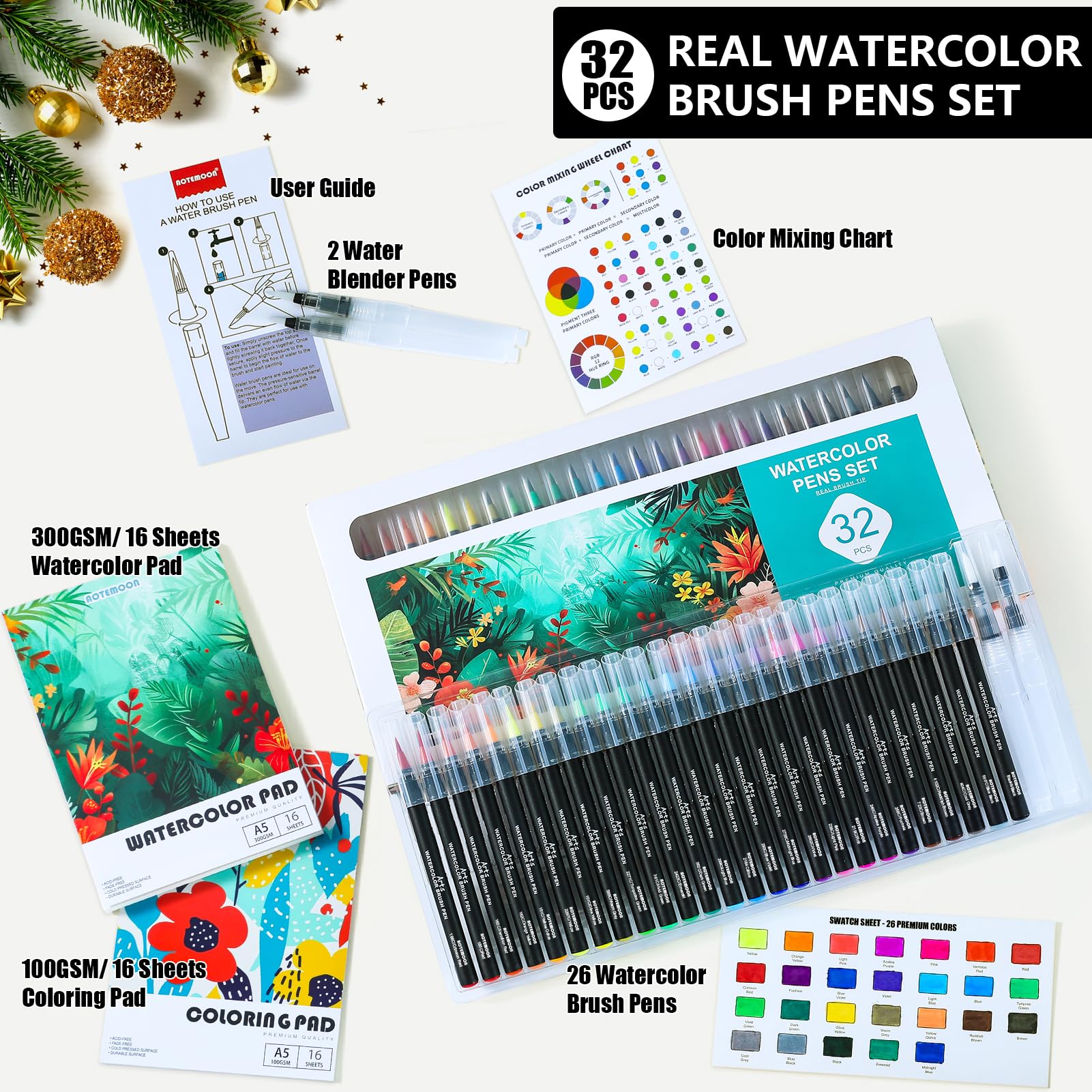 32 Watercolor Pens Set Includes 26 Vivid Colors, Real Brush Tips Markers Set with 2 Blender Pens, Watercolor Pad and Coloring Pad, Art Supplies Gifts for Beginners Young Artists and Adults