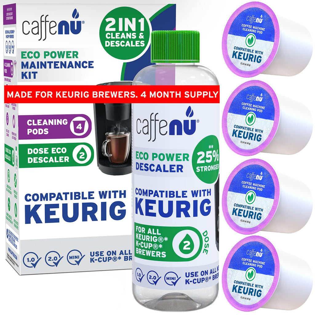 Keurig Compatible Descaling Solution and Cleaner. 2 Descaler, 4 Cleaning Pods. Removes Limescale & Cleans Pod Area. Better Tasting & Hotter Coffee. 4 Uses of Descaler & Cleaner.