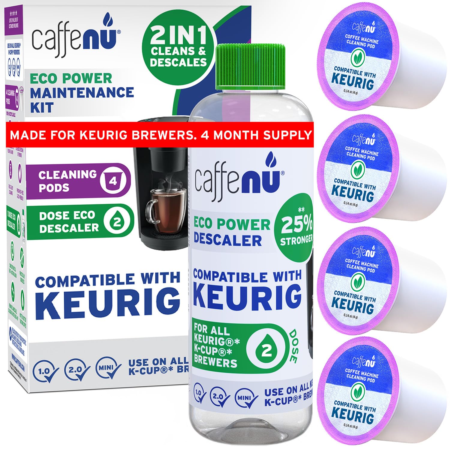 Keurig Compatible Descaling Solution and Cleaner. 2 Descaler, 4 Cleaning Pods. Removes Limescale & Cleans Pod Area. Better Tasting & Hotter Coffee. 4 Uses of Descaler & Cleaner.