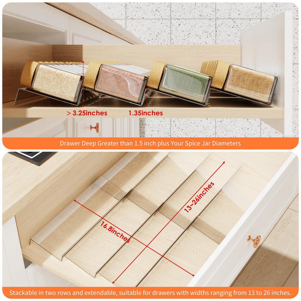 Spice Drawer Organizer, 4 Tier Clear Acrylic Expandable From 13" to 26" Seasoning Jars Drawer Insert, Kitchen Drawer Spice Rack Tray for Cabinet/Countertop