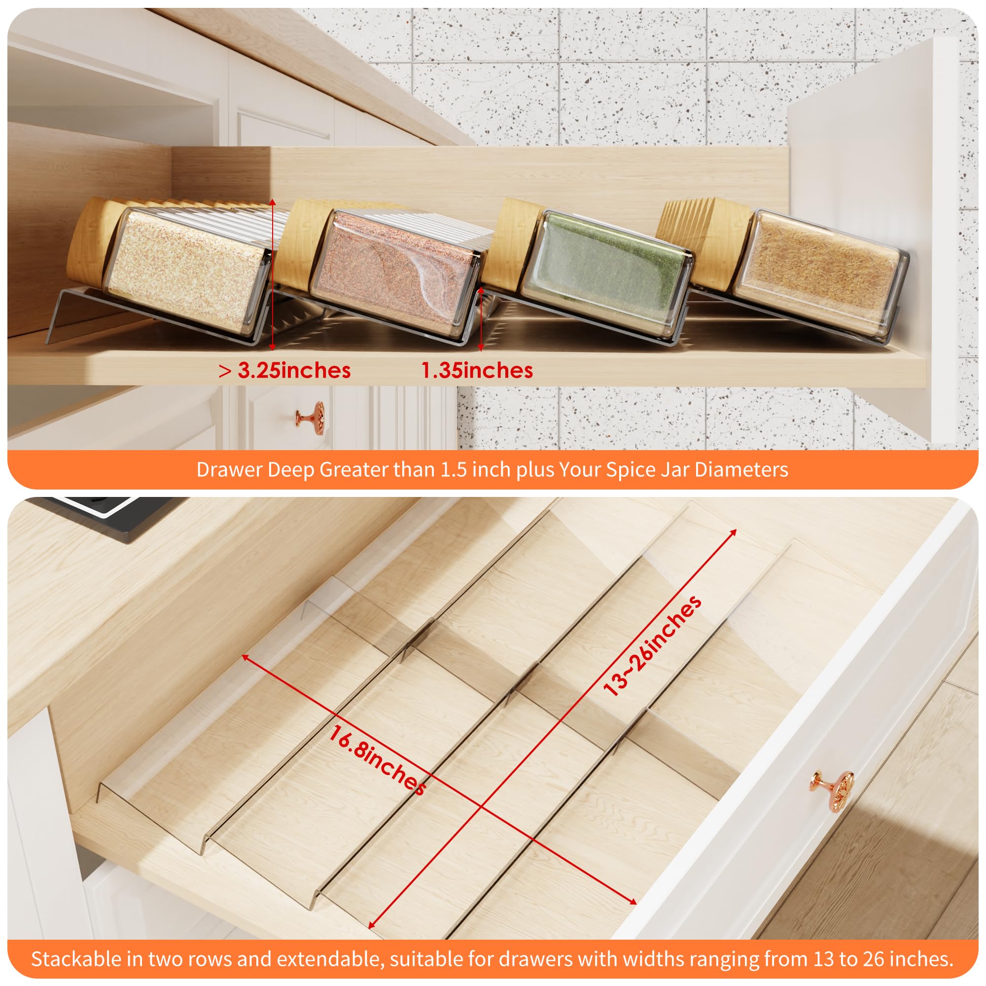 Spice Drawer Organizer, 4 Tier Clear Acrylic Expandable From 13" to 26" Seasoning Jars Drawer Insert, Kitchen Drawer Spice Rack Tray for Cabinet/Countertop