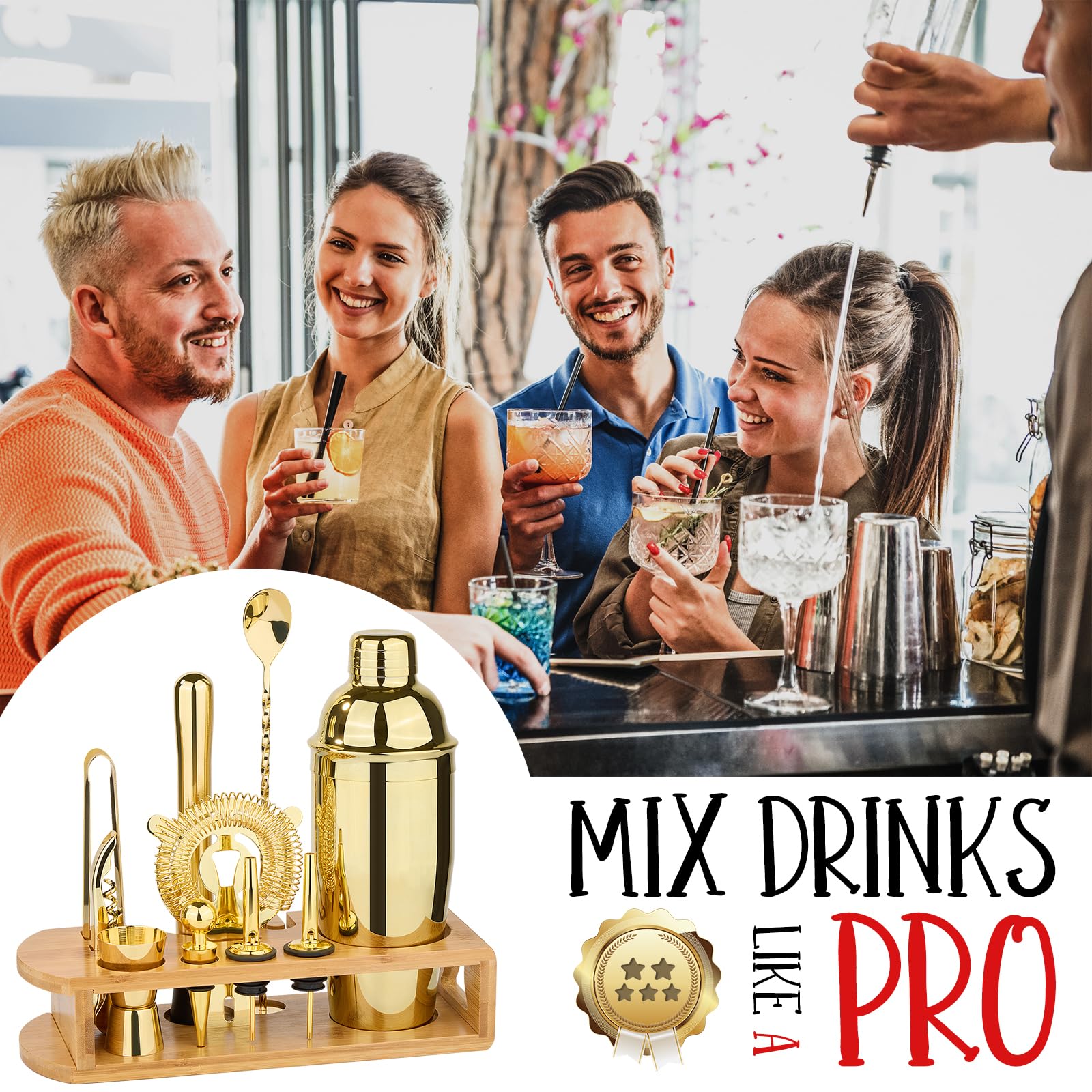 Cocktail Shaker Set Bartender Kit : 12-Piece Bar Tool Set with Bamboo Stand | Bar Set with All Practical Bar Accessories, for Drink Mixing, Bar, Home, Lounge & Party (Gold)