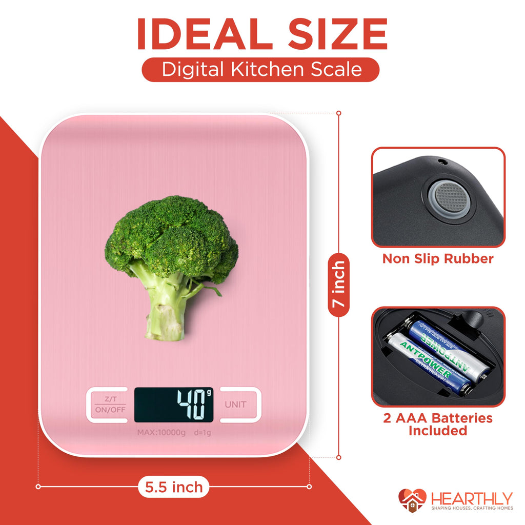 22lb Digital Kitchen Scale - 304 Stainless Steel & Tempered Glass Food Scale - Food Weighing Scale with Digital Weight Grams and Ounces with Batteries Included (Pink)