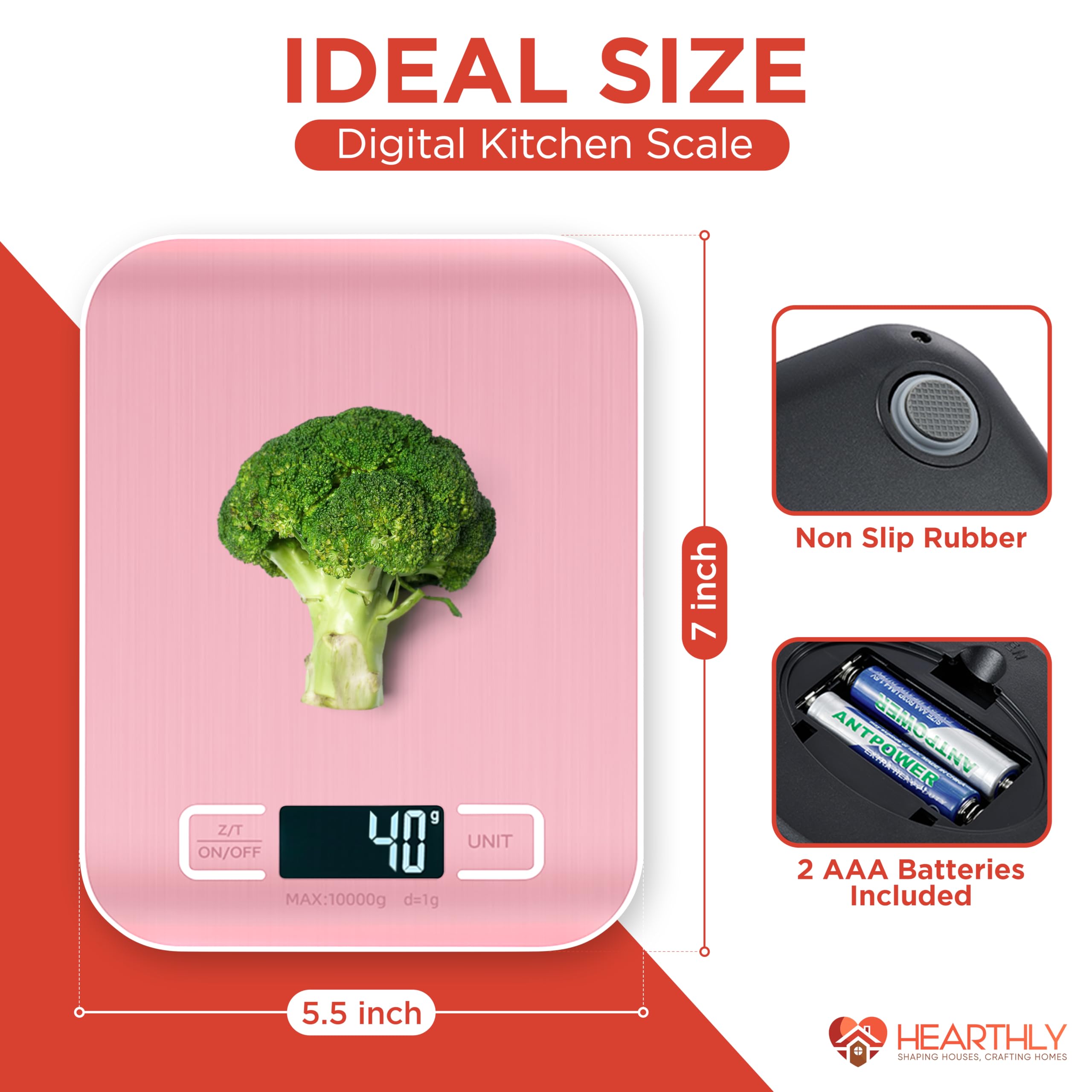 22lb Digital Kitchen Scale - 304 Stainless Steel & Tempered Glass Food Scale - Food Weighing Scale with Digital Weight Grams and Ounces with Batteries Included (Pink)
