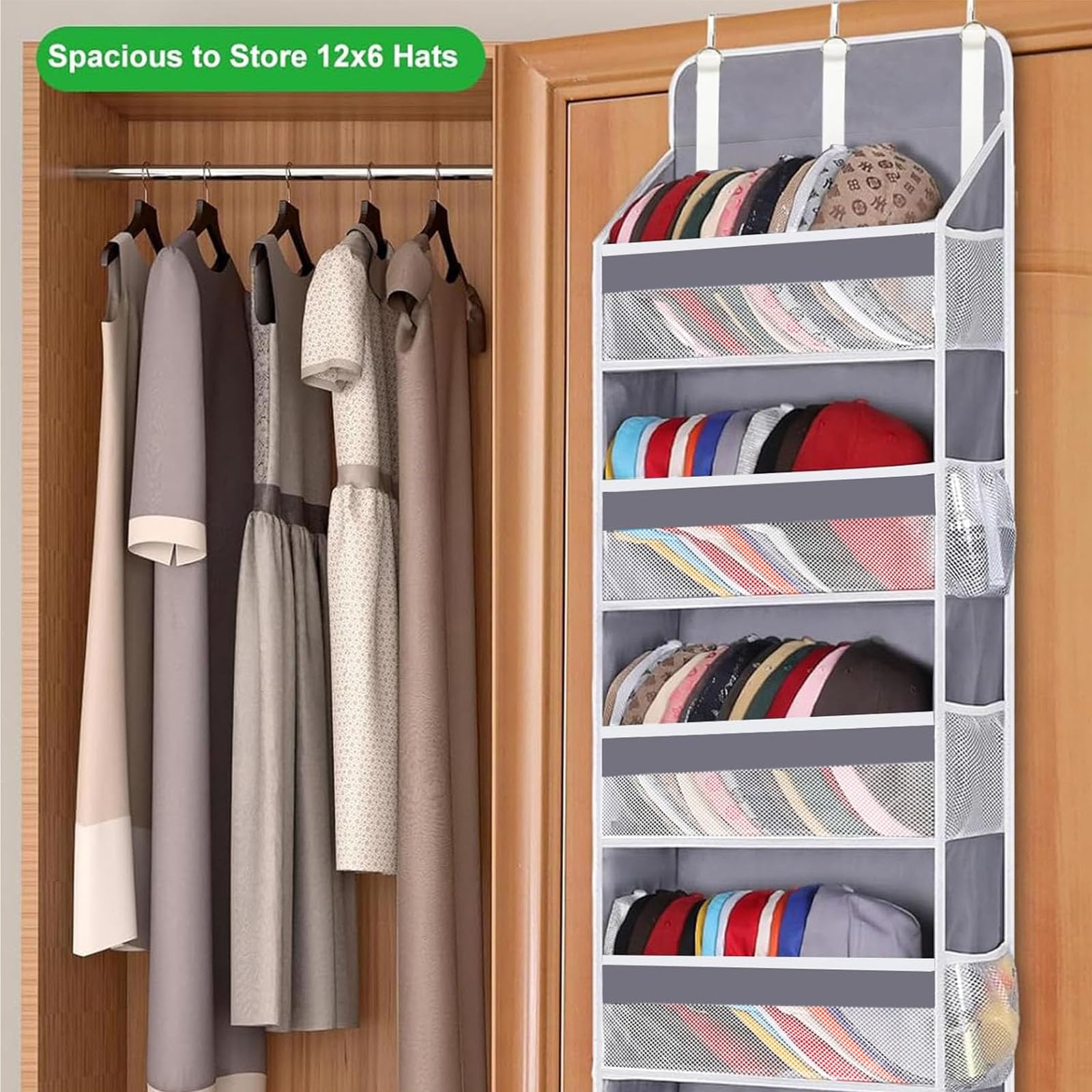 lazywoodpecker Over The Door Organizer Storage, Anti Tilt Hanging Door Organizer, with 5 Large Pockets 10 Mesh Side Pockets 44 lbs Weight Capacity, for Bathroom,Nursery (Grey, 5 Pockets)