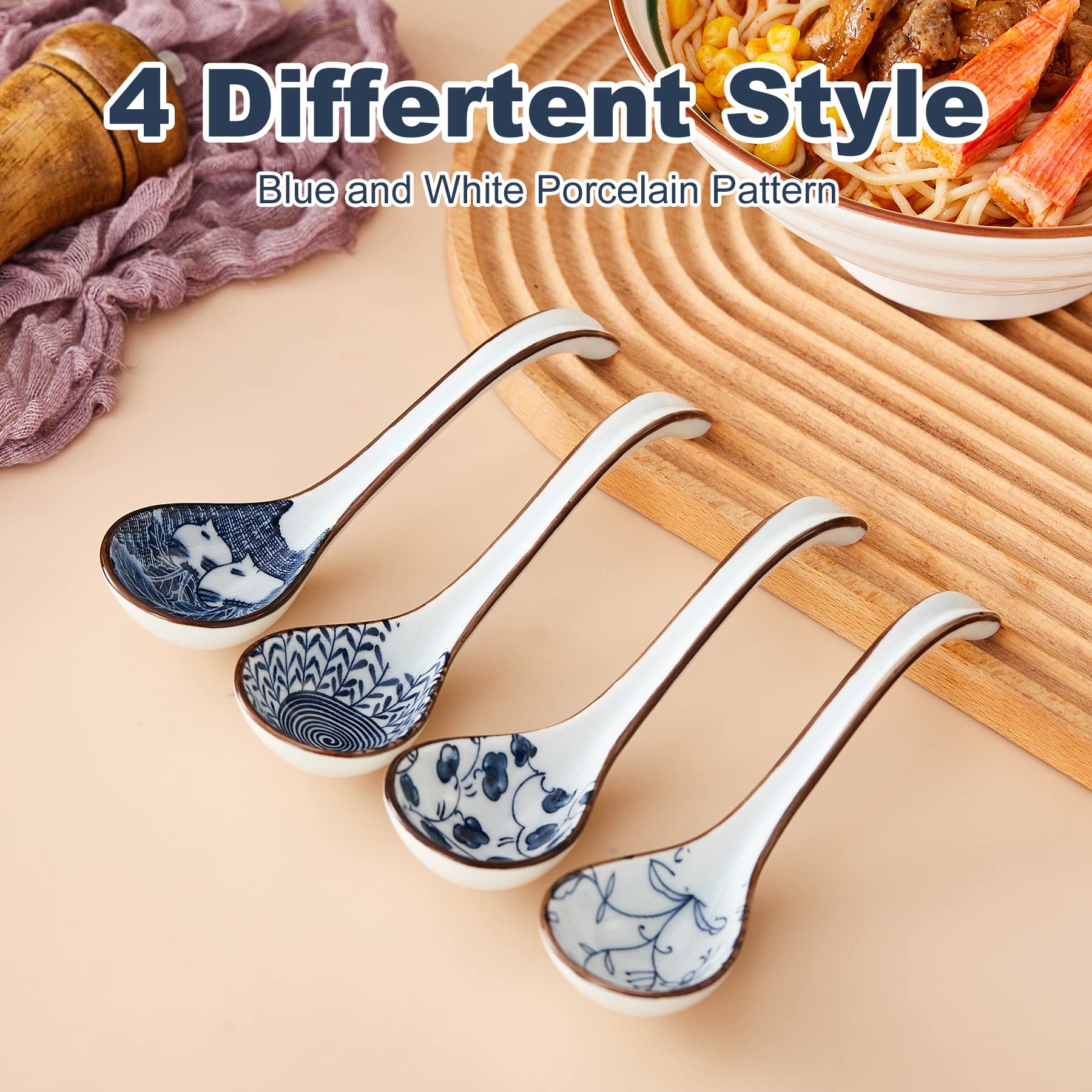 Asian Soup Spoons Set of 4, Ceramic Ramen Soup Spoon with Long Hook Handle, Deep Asian Spoon for Pho, Chinese Wonton, Dumplings, Japanese Miso, Udon, Dishwasher Safe, Blue and White