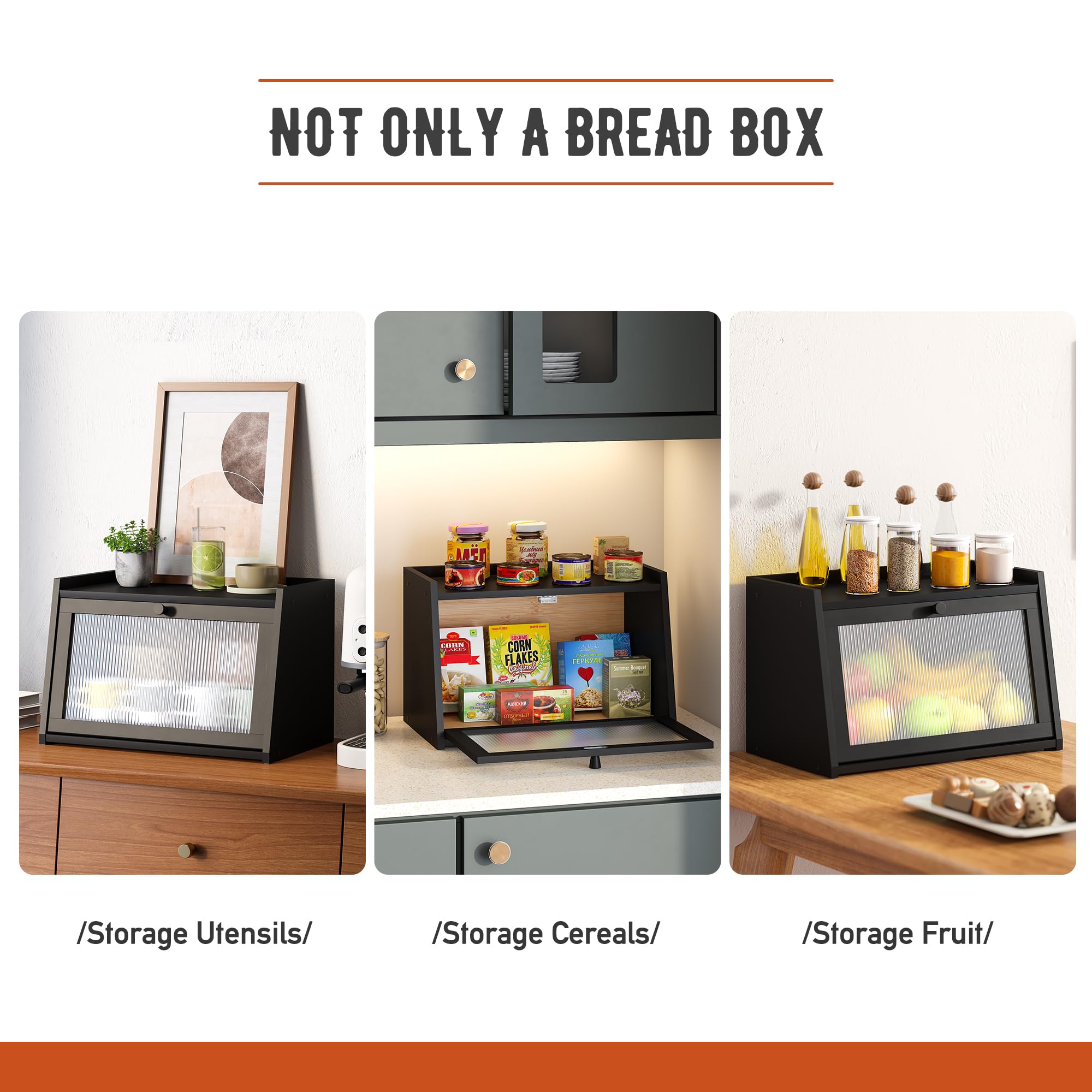 GHWIE Bread Box for Kitchen Counter, Countertop Storage Container with Window (Black)