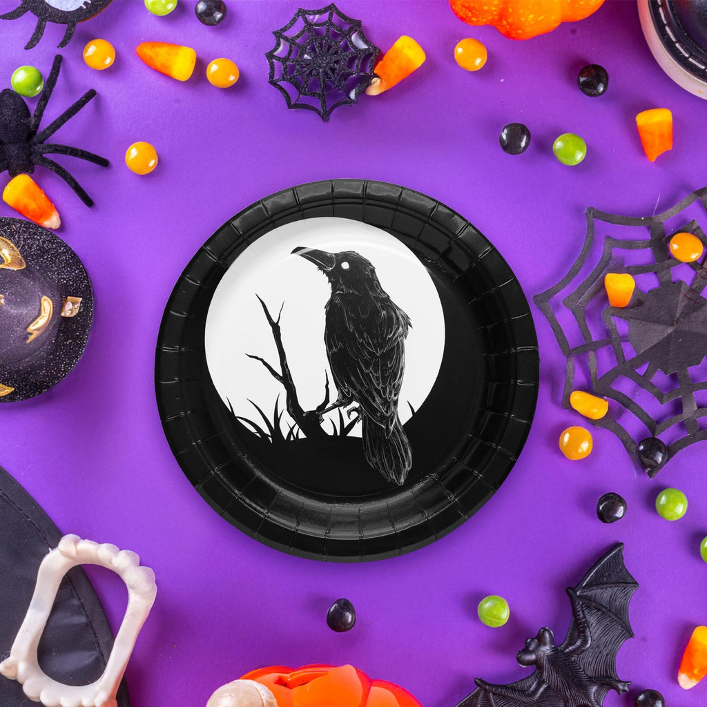 Cheerland Gothic Crow Paper Plates for Halloween Party Plates Birthday Gothic Christmas Dark Black Raven Disposable Party Supplies and Decorations 7 inch Dessert Plate Summerween Tableware Pack of 24