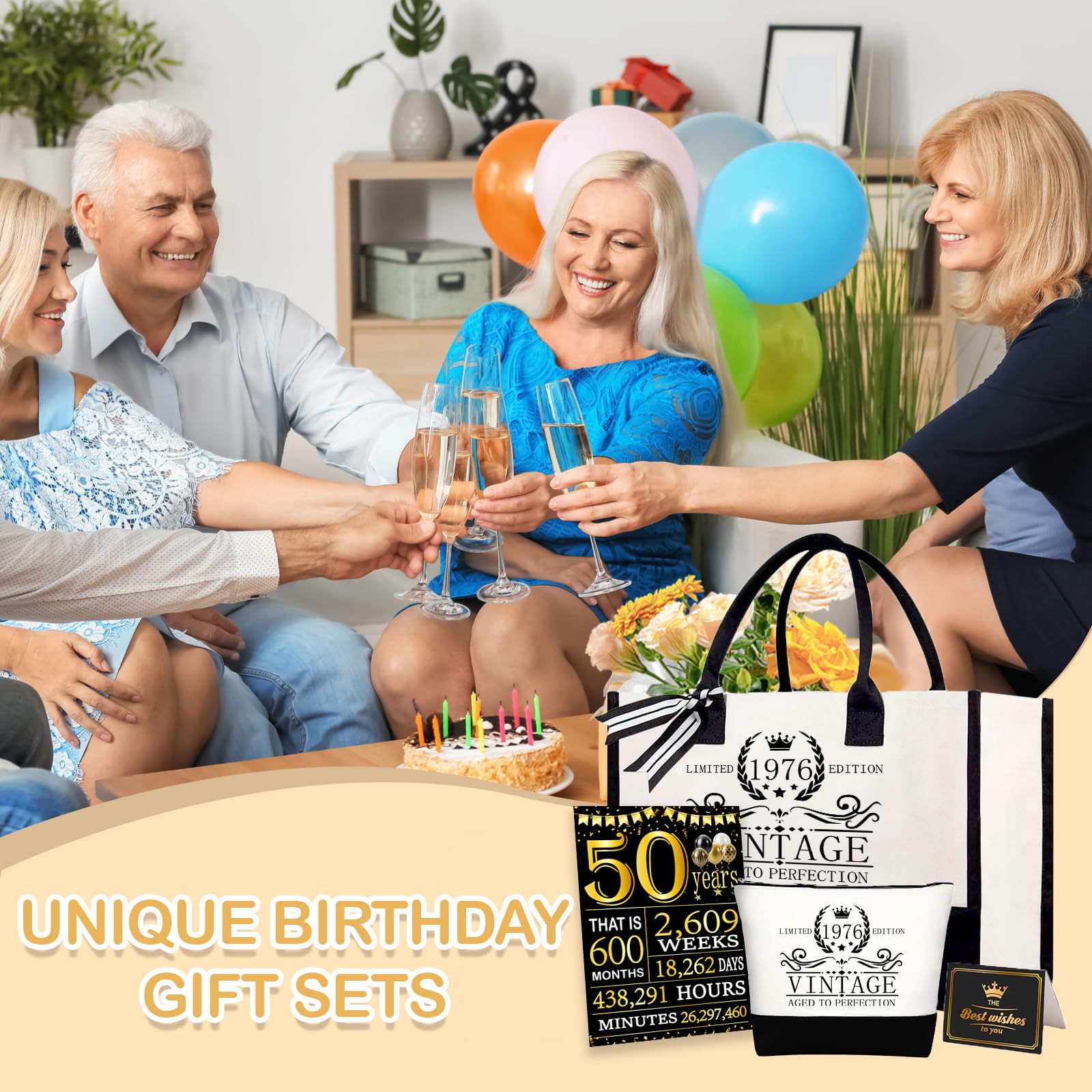 Shellspace 50th Birthday Gifts for Women, Happy 50 Year Old Birthday Gift for Mom Sister Aunt Wife Grandma Friends Her, Unique Gifts Set with Vintage Canvas Tote Bag,Cosmetic Bag,Back in 1976 Poster