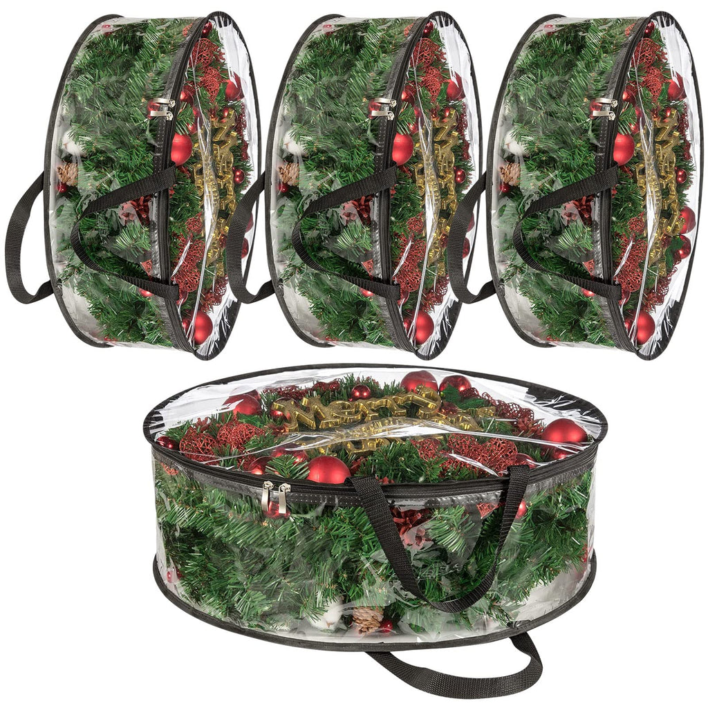 4 PCS Clear Wreath Storage Bag, 24x8 Inch Christmas Wreath Storage Container, Heavy Duty PVC Wreath Protector with Handle for Xmas Holiday Seasonal Wreath Garland (Black)