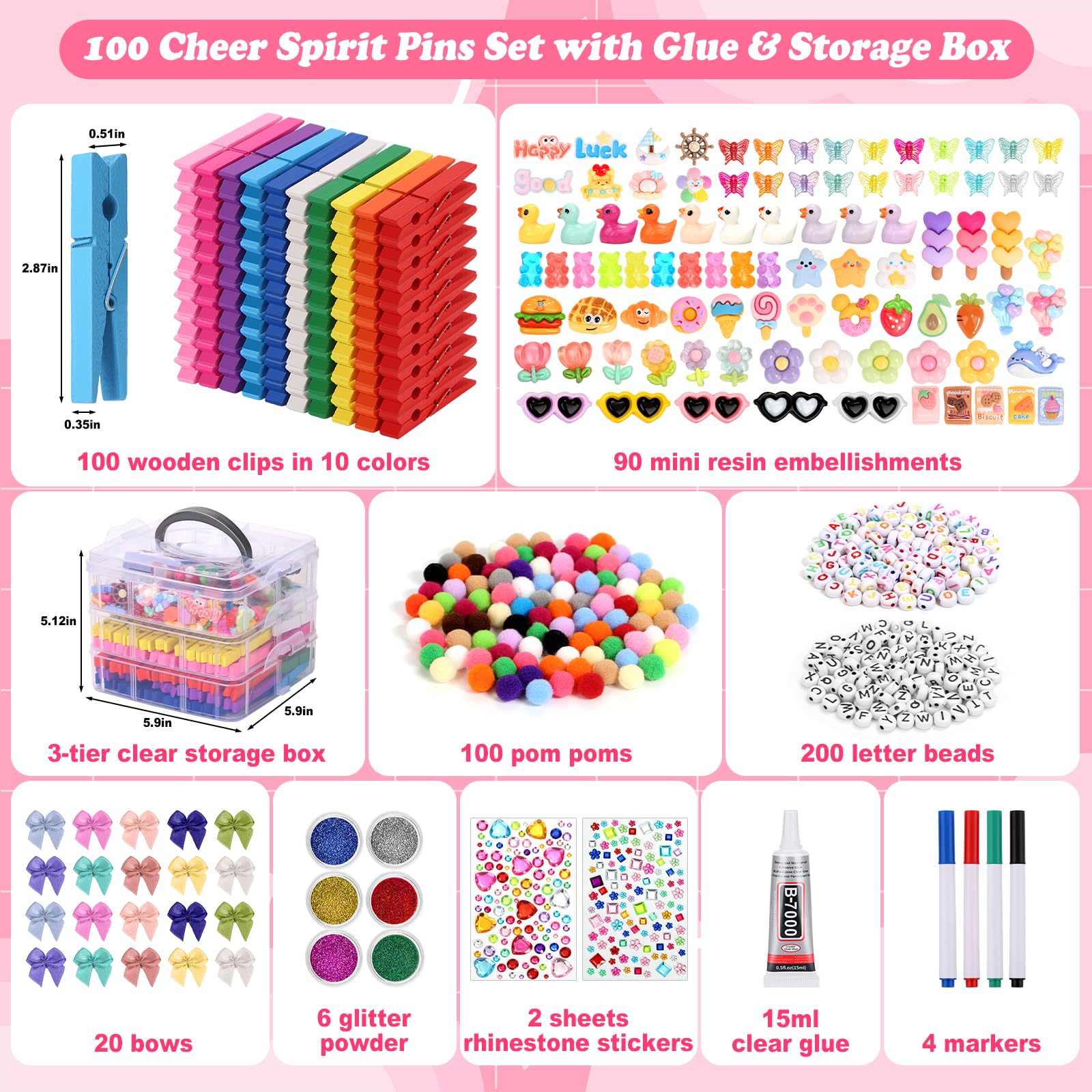 Cheer Pins Spirit Clips,100 Colored Clothes Wooden Pins, 112 Mini Resin Charms Bows Sticker, 300 Beads Pompoms Cheer Clothespins Decor, Pin Making Kit for Ribbon Team Classroom Cheerleader Gifts