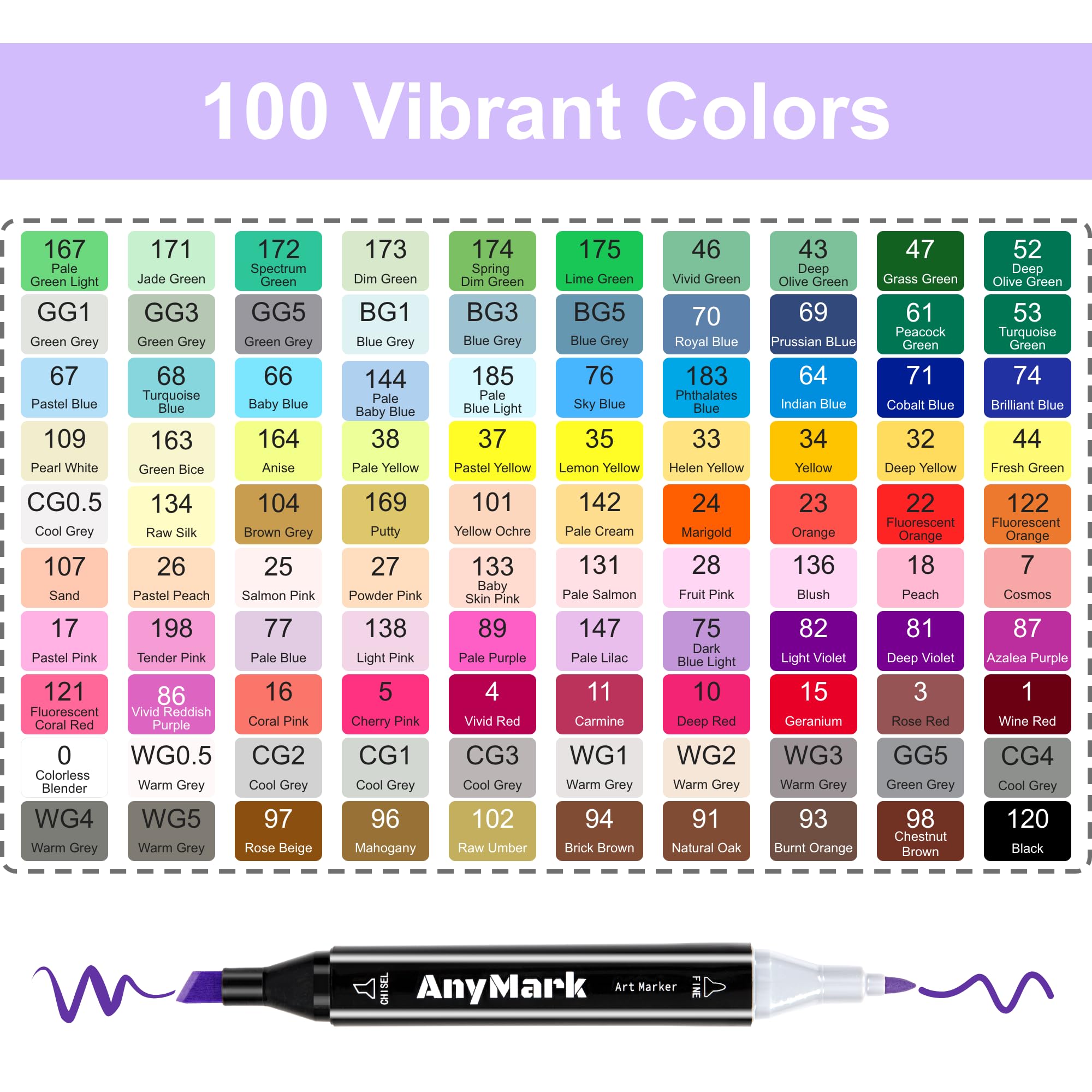 AnyMark Alcohol Markers, 100 Colors Alcohol Markers Set, Dual Tips Alcohol-Based Art Markers for Adult Drawing Coloring Sketch, Chisel & Fine Tips, Black Penholder