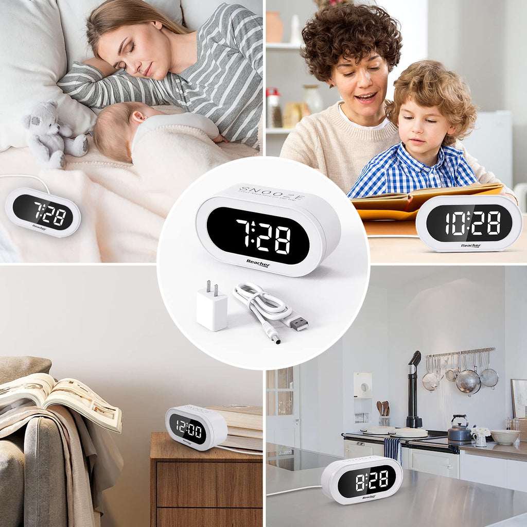 REACHER Small LED Digital Alarm Clock with Snooze, Simple to Operate, Full Range Brightness Dimmer, Adjustable Alarm Volume, Outlet Powered Compact Clock for Bedrooms, Bedside, Desk, Shelf(White)