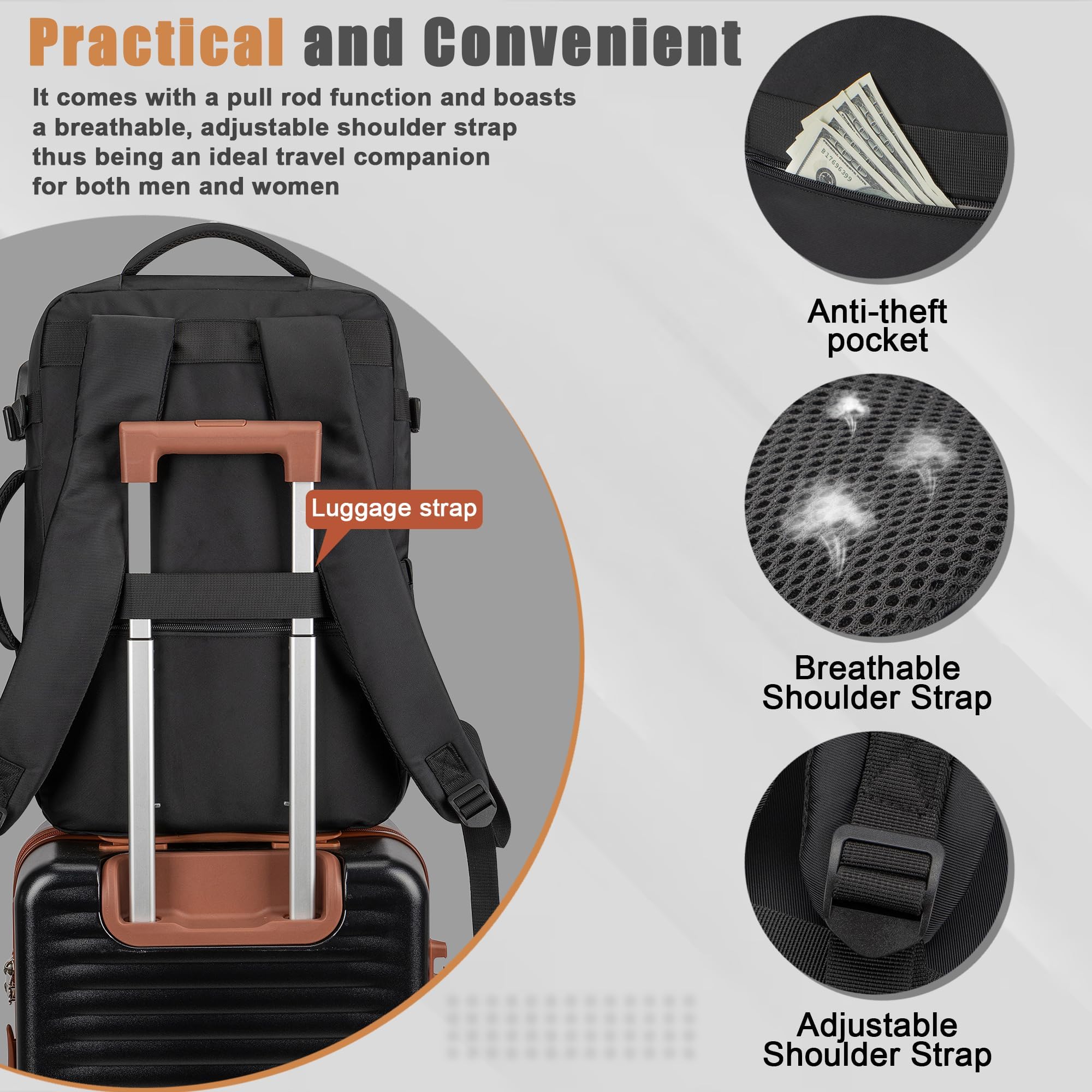 40/50L Travel Backpack with USB Charging Port, Water-Resistant Carry On Backpack, Business Laptop Backpack for Men Women