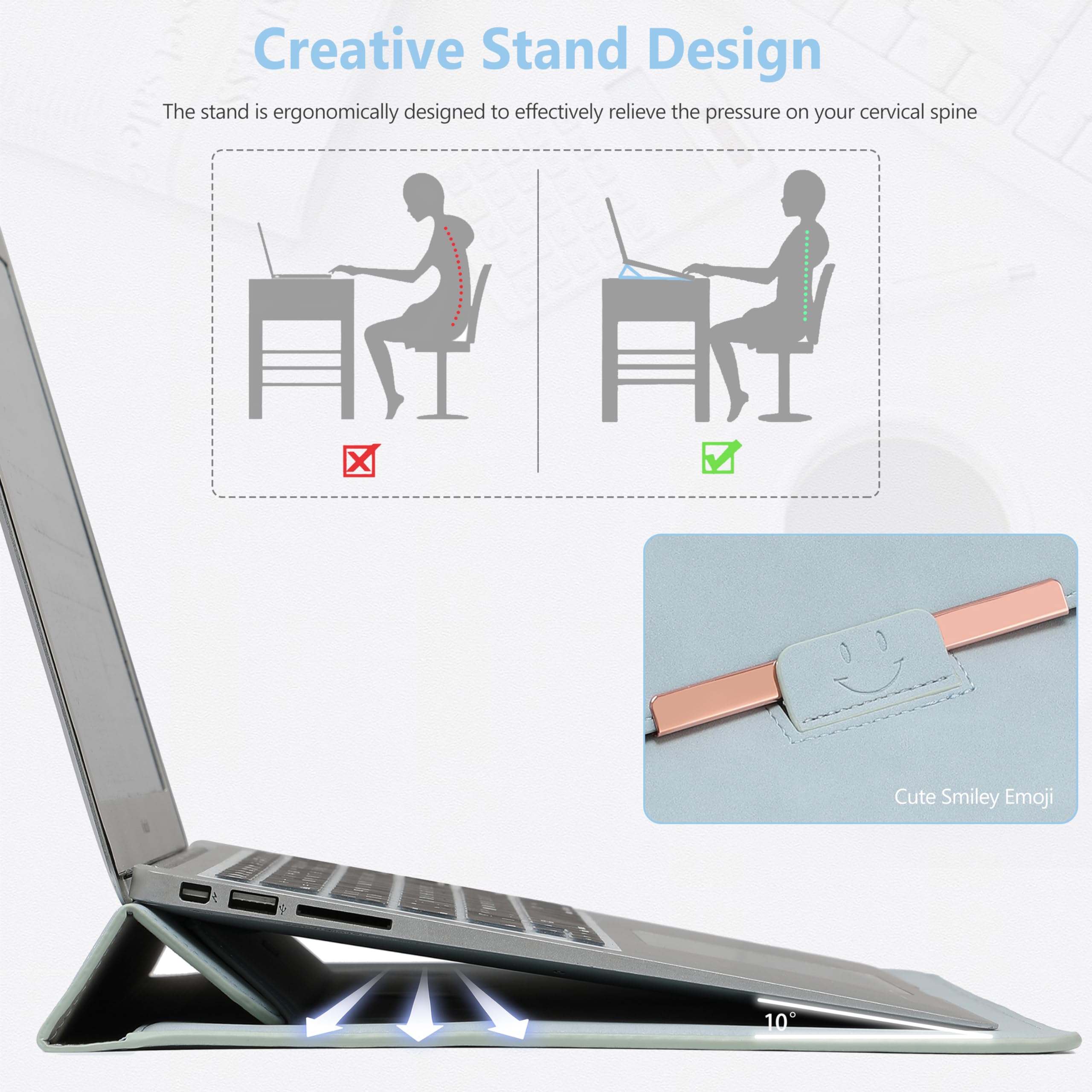 HYZUO 13 Inch Laptop Sleeve Case with Stand for MacBook Air 13 M5 A3449 M4 M3 M2 M1 2026-2018, 13" MacBook Neo 2026 A3404, MacBook Pro 13 M2 M1, 13" iPad Pro/Air, Surface Pro, Pale Blue(Smiley)