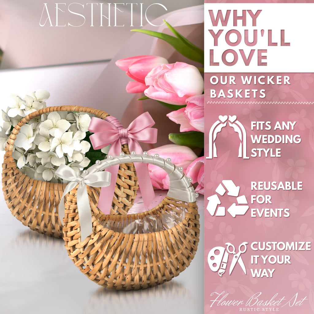 Small Flower Girl Basket Set of 2 - Small Wicker Basket with Handle and Waterproof Lining 6.3" x 5.12" x 3.75" - Tiny Easter Baskets with Rattan Design for Flowers, Sweets, Gifts, Home Decor & Storage