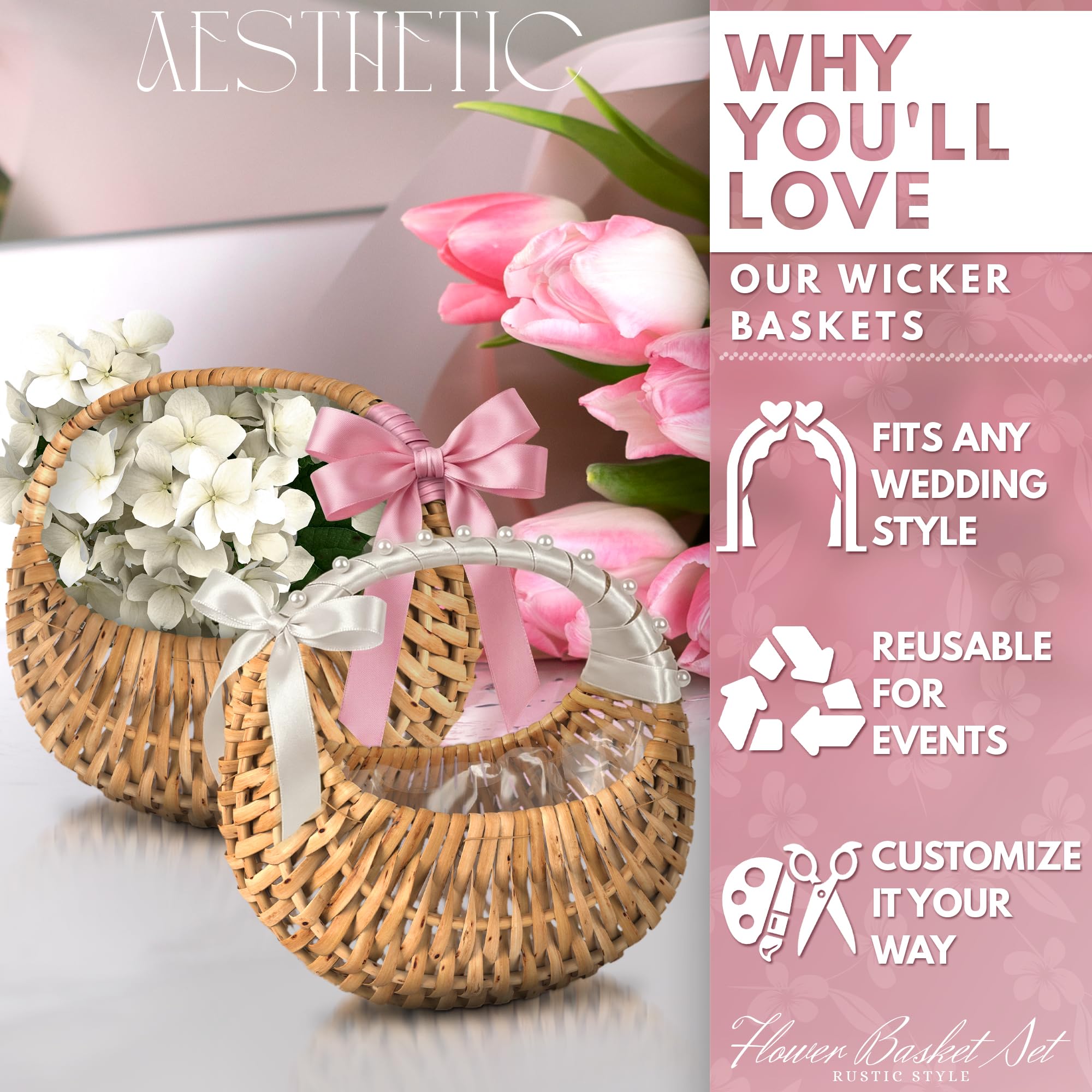 Small Flower Girl Basket Set of 2 - Small Wicker Basket with Handle and Waterproof Lining 6.3" x 5.12" x 3.75" - Tiny Easter Baskets with Rattan Design for Flowers, Sweets, Gifts, Home Decor & Storage