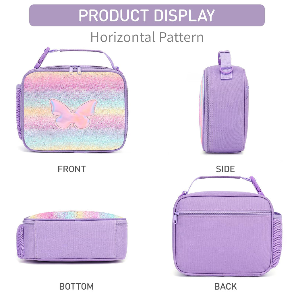 Hairao Butterfly Lunch Box for Girls Kids Rainbow Lunch Bag Waterproof Thermal Insulated Cooler Bag for Girls Kids Toddlers Teens School Gift