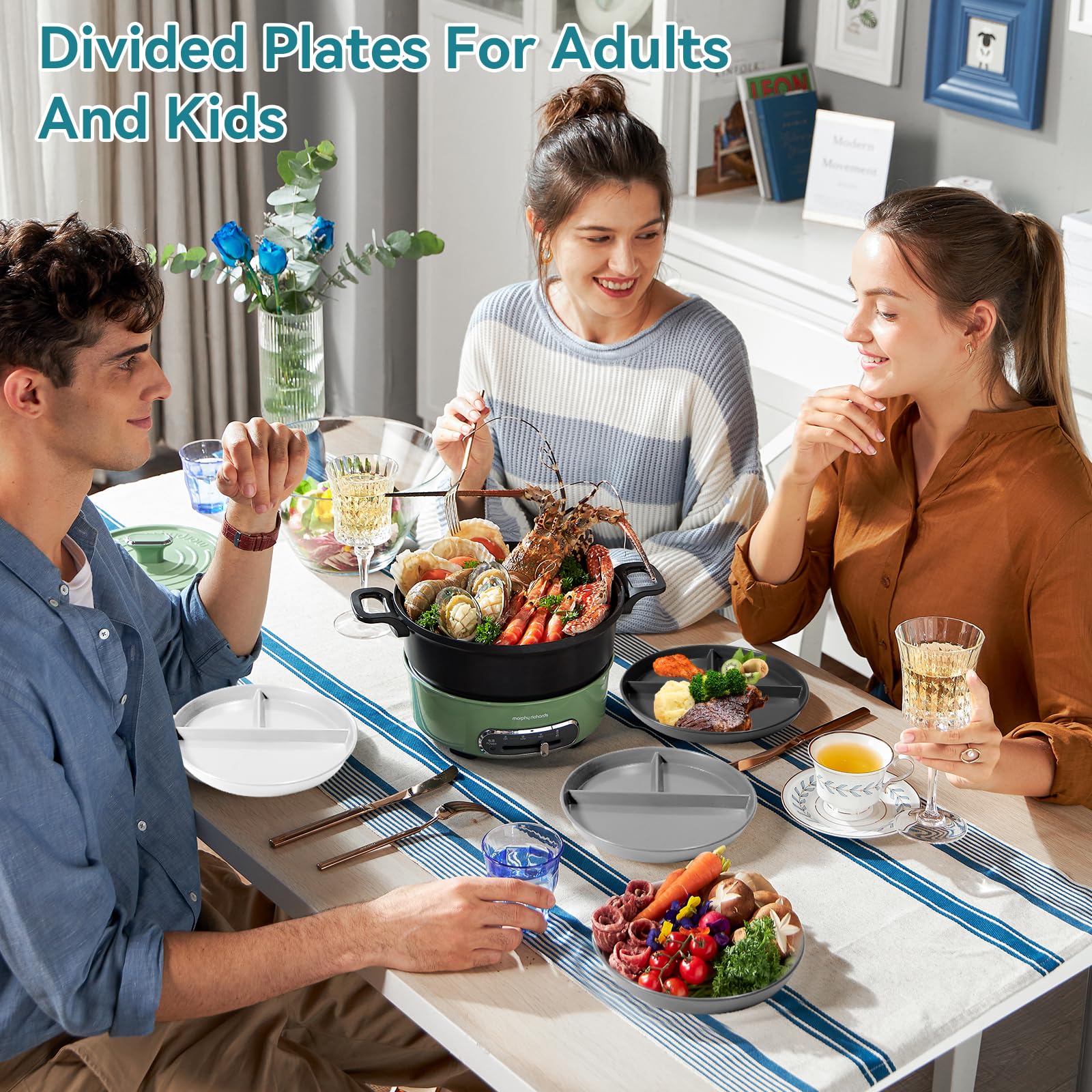 DYB DONGYONGBAO Portion Control Plate 9 Inch 5 Piece, Plastic Divided Plates for Adults with 3 Compartments, Microwave and Dishwasher Safe，Suitable for Adult and Kids